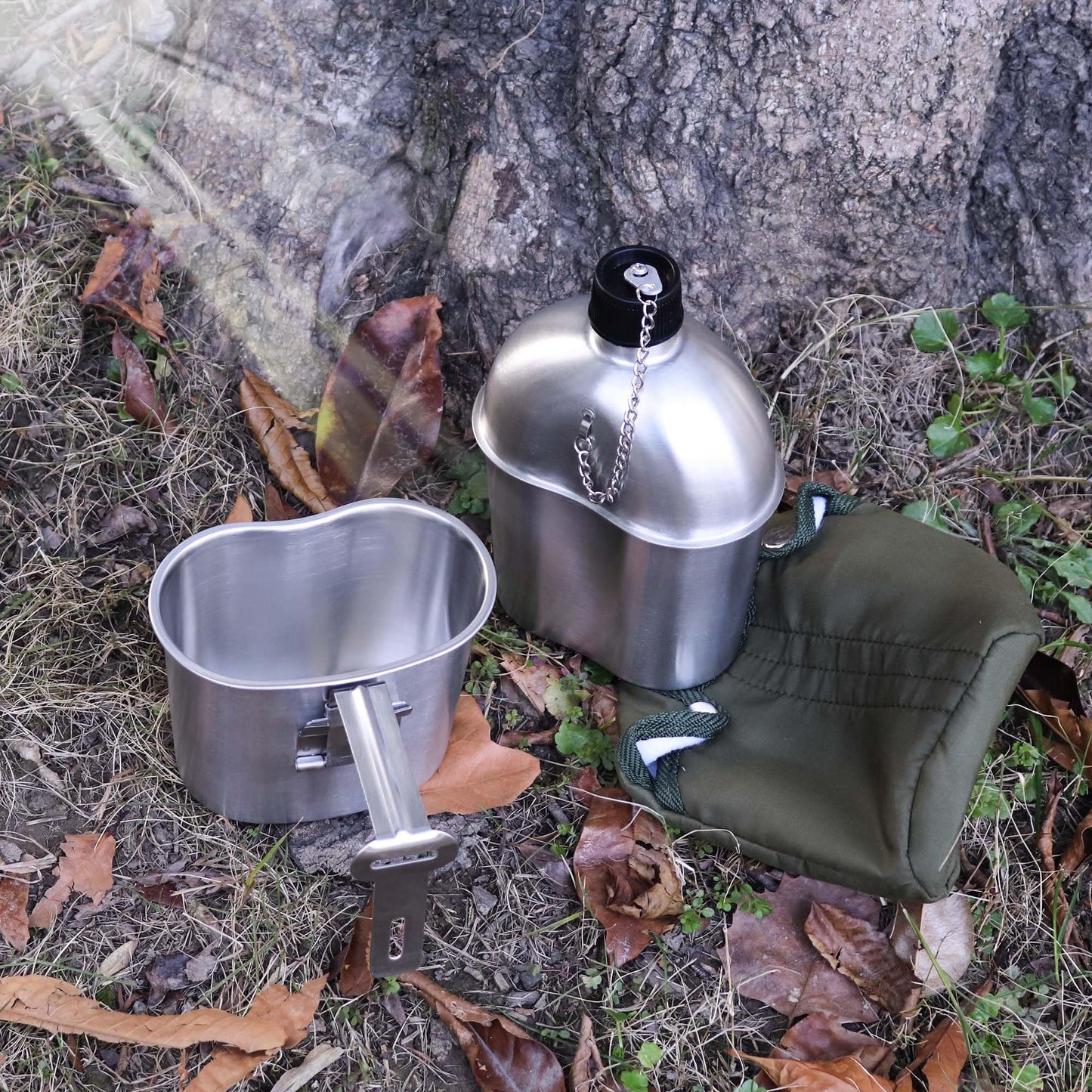 Goetland Stainless Steel WWII US Army Canteen Water Bottle Military Canteen Kit 1QT with 0.5QT Cup Nylon Pouch G.I.