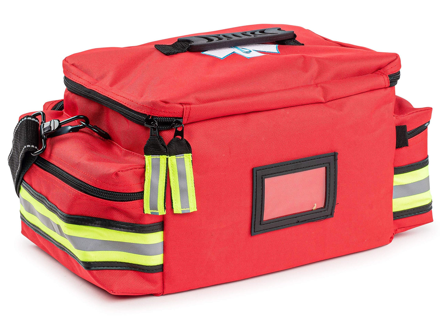 Scherber First Responder Fully-Stocked Professional Essentials EMT/EMS Trauma Kit | HSA/FSA Approved | Reflective Bag w/8 Zippered Pockets & Compartments & 200+ First Aid Supplies - Red