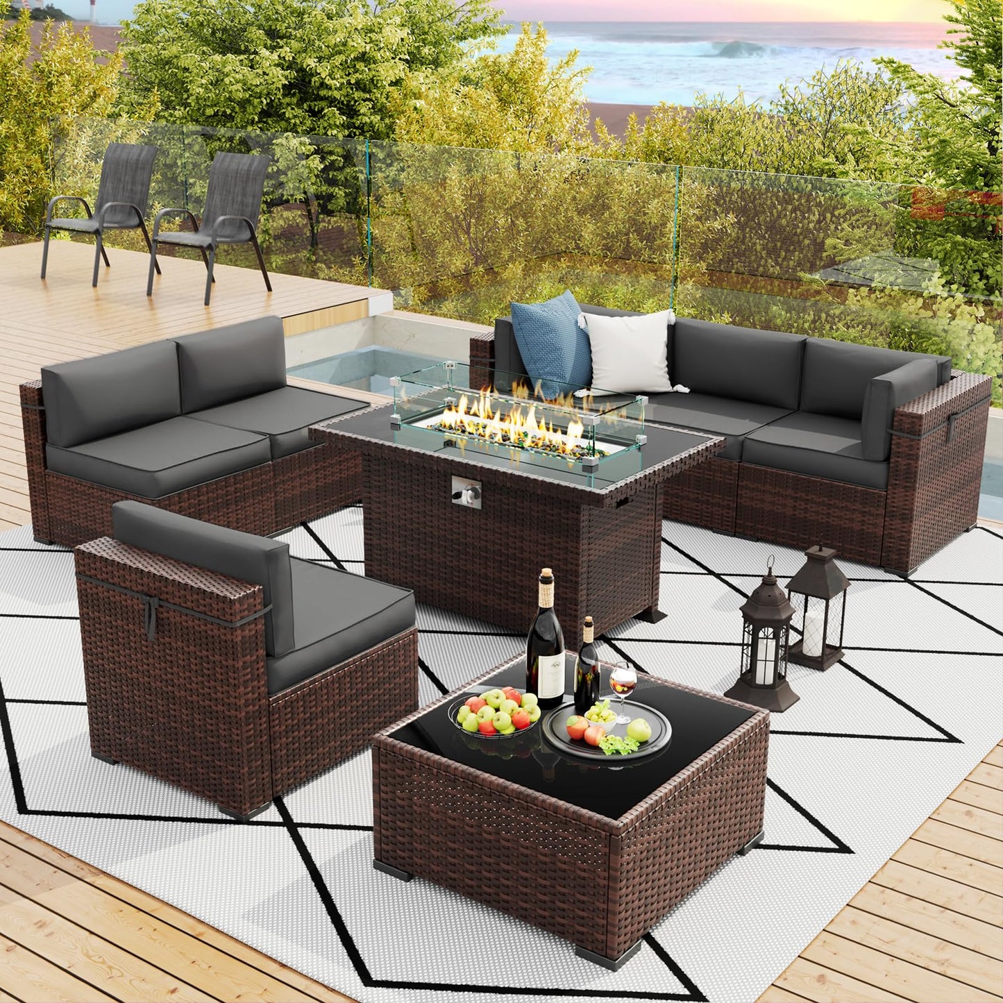 Amopatio Patio Furniture Sets, 7 Pieces Outdoor Rattan Sectional Sofa Set with Glass Table and Cushions, Wicker Patio Conversation Set for Outdoor Indoor Backyard Lawn Garden Porch (Grey)