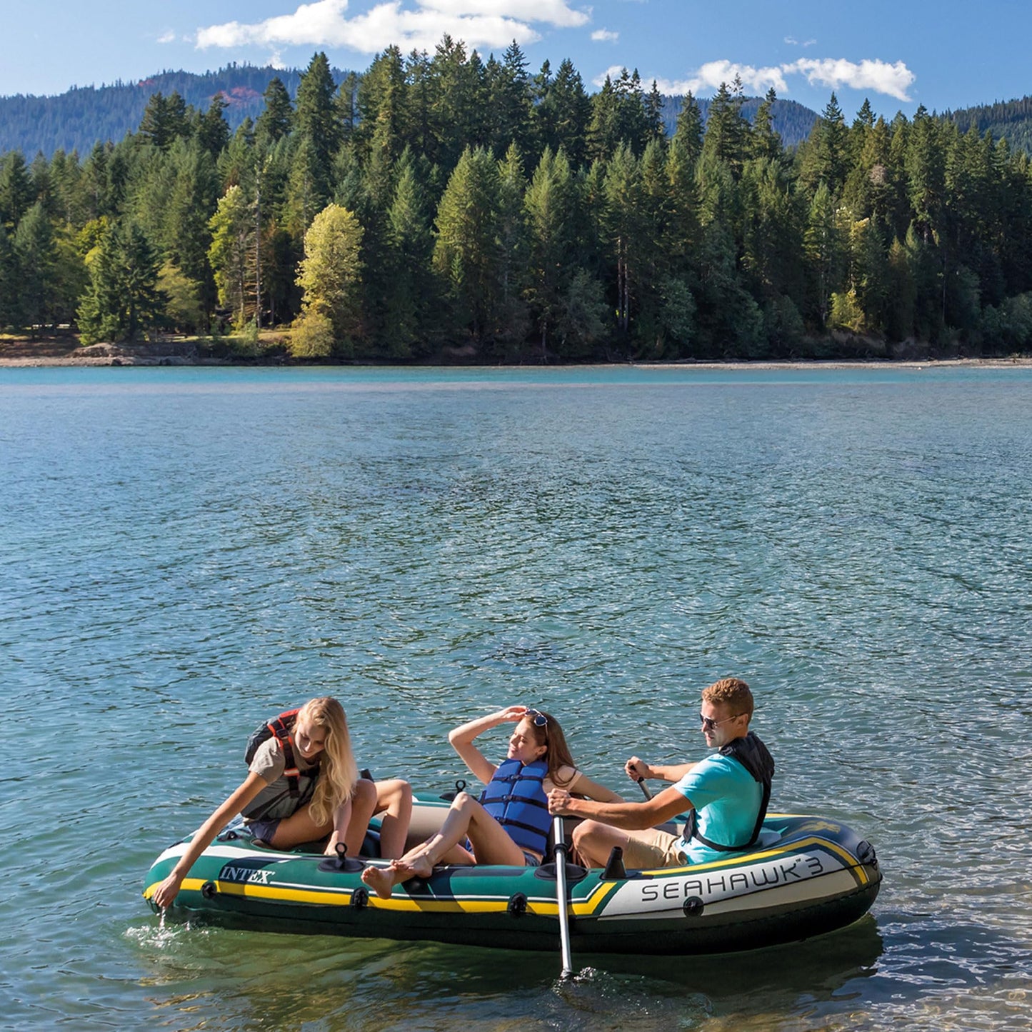 INTEX Seahawk Inflatable Boat Series: Includes Deluxe Aluminum Oars and High-Output Pump – SuperStrong PVC – Fishing Rod Holders – Heavy Duty Grab Handles – Gear Pouch