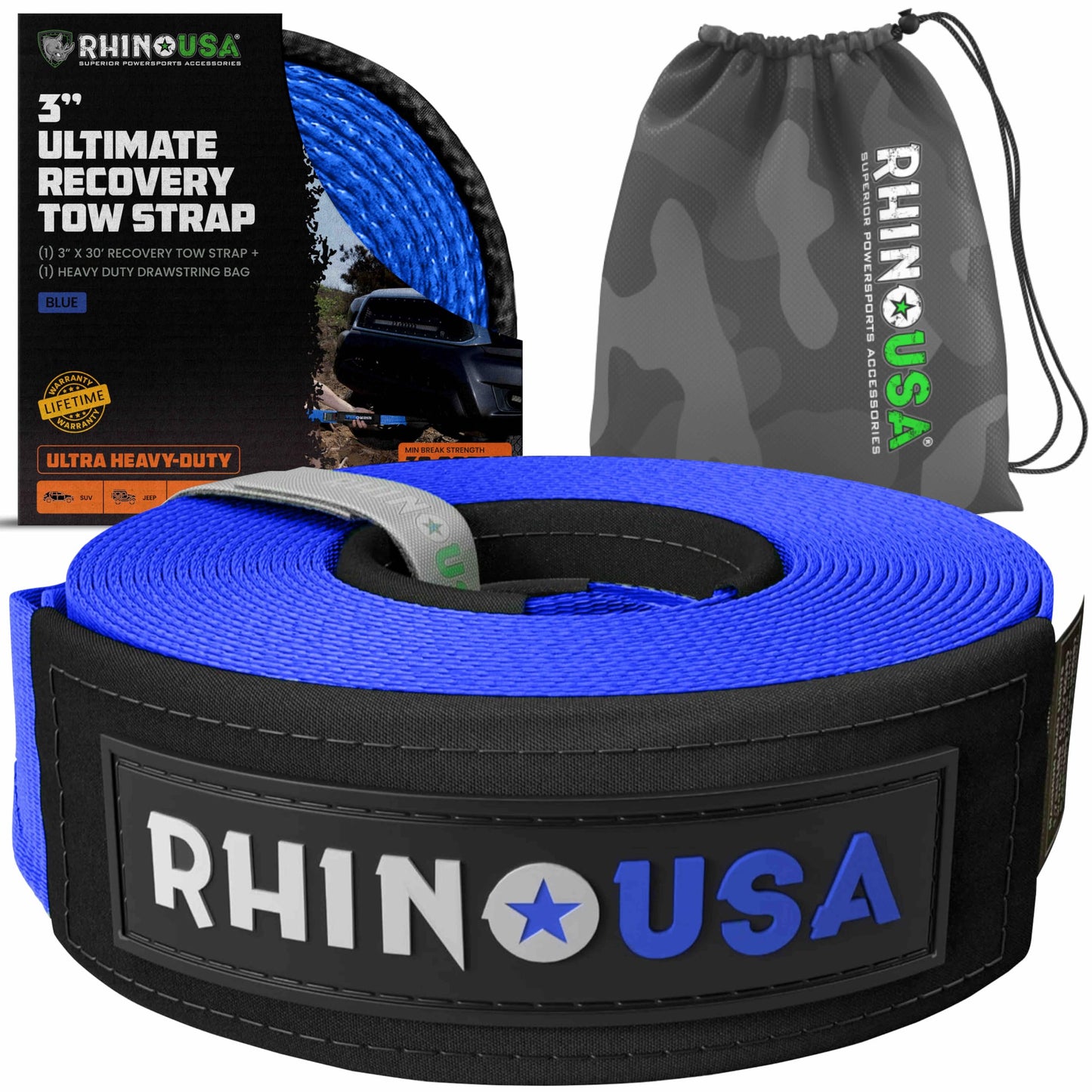 Rhino USA Recovery Tow Strap (3" x 20') - 31,518lb Break Strength - Emergency Recovery Strap Tow Rope for Truck, UTV, ATV & More - Heavy Duty Towing Strap for Offroad 4x4 Use - Compatible with Jeep