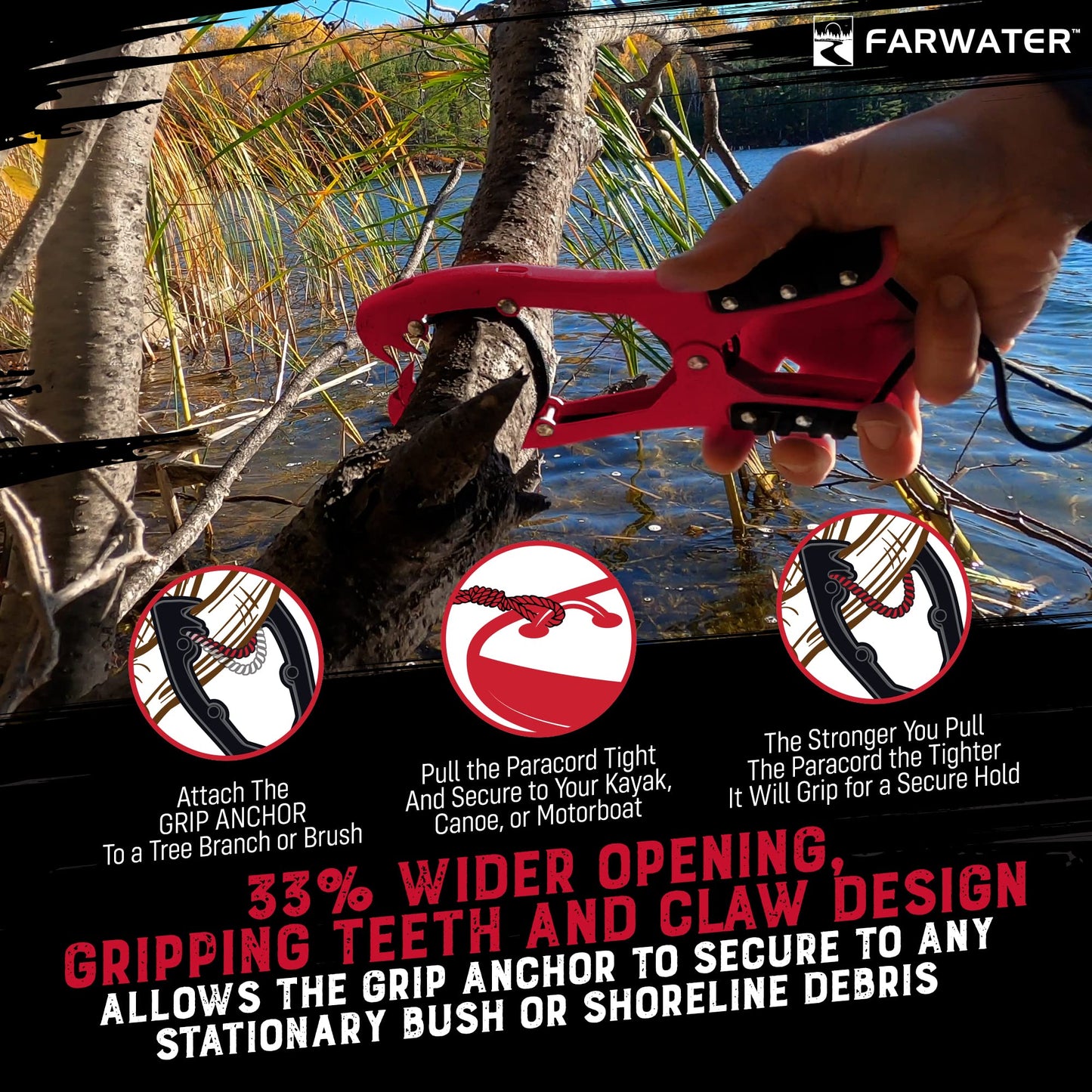 Canoe Anchor Grip - Boat, Float Tube & Kayak Fishing Accessories, Kayaking Equipment - Brush Clamp Anchor with Teeth - Gripper with 15ft Paracord - Rubber Grips - Coated Steel -