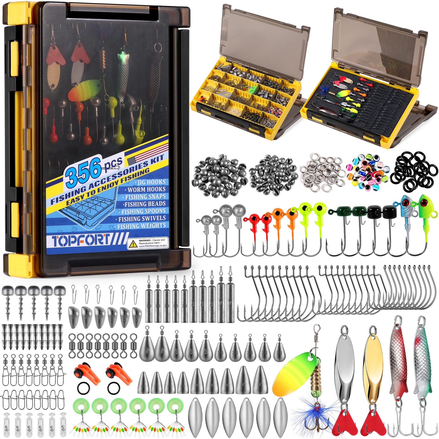 TOPFORT 187/343pcs Fishing Accessories Kit, Organized Fishing Tackle Box with Tackle Included, Fishing Hooks, Fishing Weights Sinkers, Fishing Gear and Equipment, Fishing Gift for Men