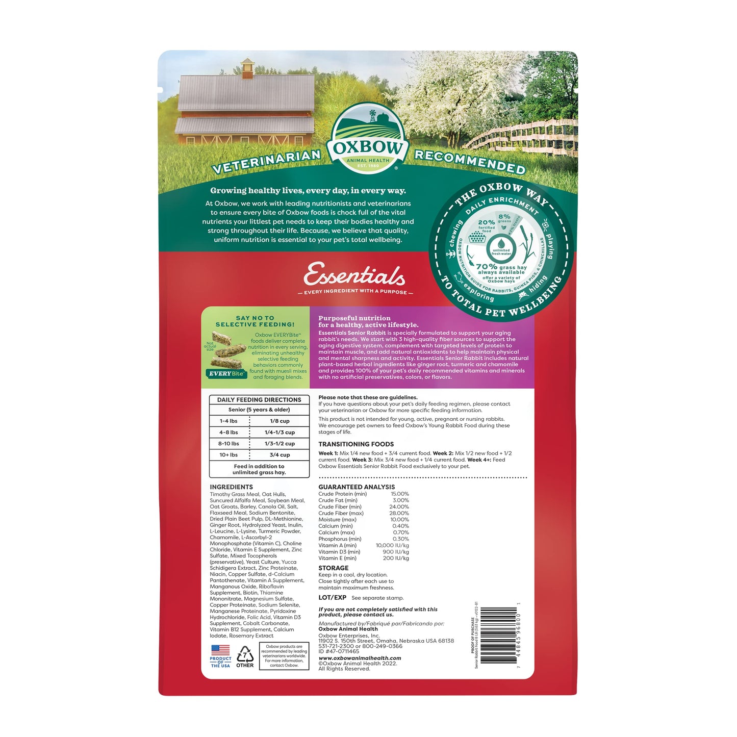 Oxbow Essentials Rabbit Food, Adult, Made with Oxbow Timothy Hay for Rabbit, Pet Pellets with Vitamins & Minerals, Small Animal Pet Products, Bunny Food, Made in USA, High Fiber, 10 lb. bag