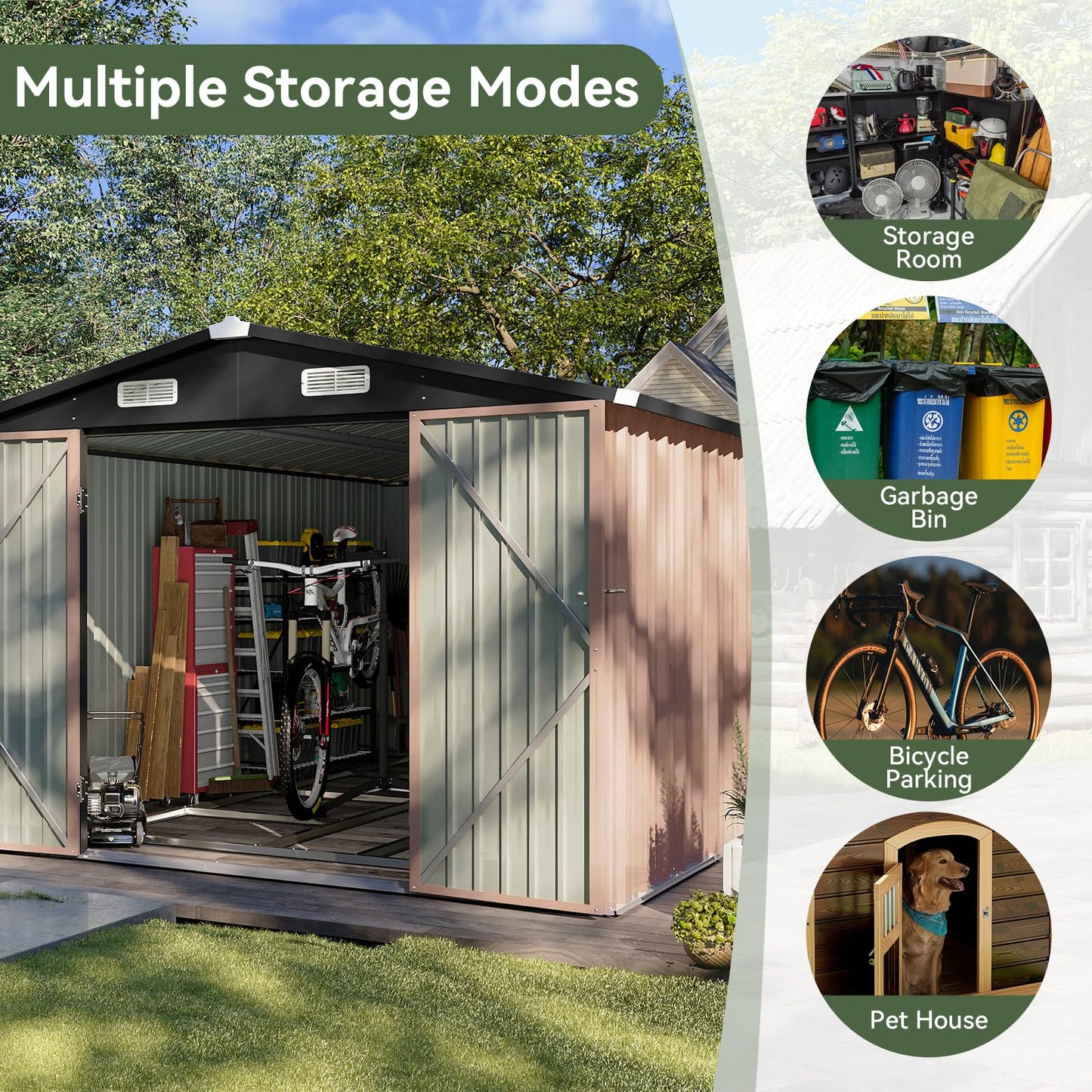 Aoxun 12x10 FT Shed Metal Outdoor Waterproof Storage Shed Steel Utility Garden Tool Shed with Door & Lock Outdoor Storage for Garden Patio Lawn Poolside, Brown