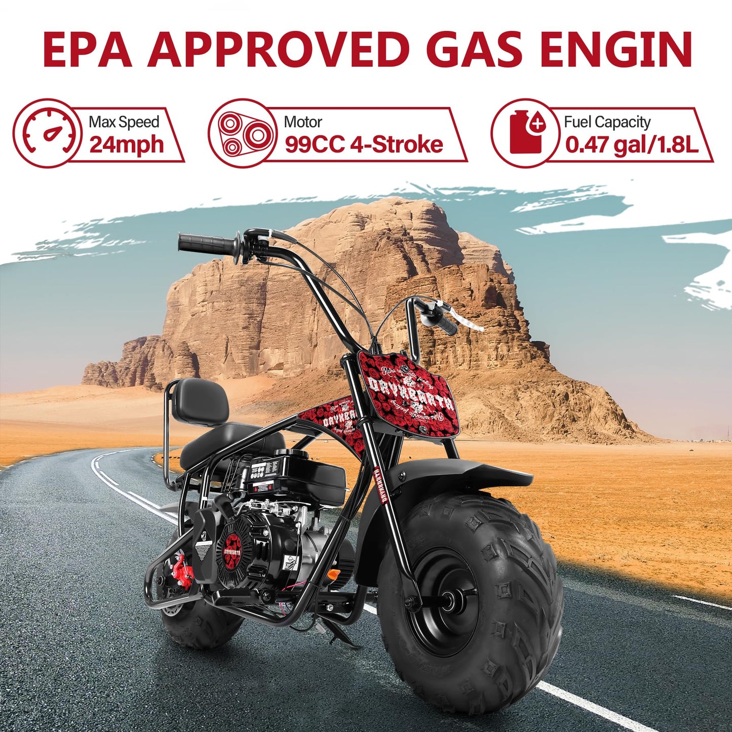 Oryxearth 99CC 4-Stroke Mini Dirt Bike, Gas Powered Off Road Dirtbike W/EPA Approved for Kids, Speed Up 24 MPH, Weight Capacity 185 LBS