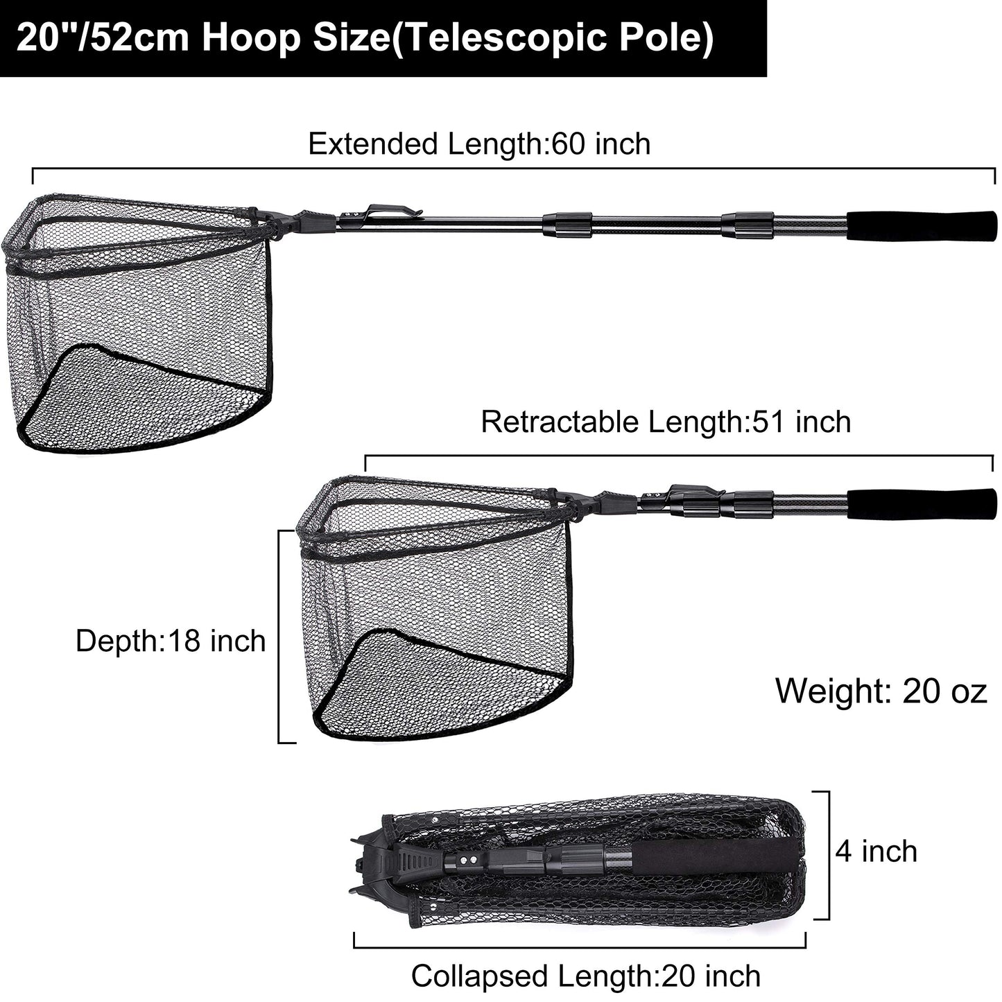 PLUSINNO Fishing Net Fish Landing Net, Foldable Collapsible Telescopic Pole Handle, Durable Nylon Material Mesh, Safe Fish Catching or Releasing
