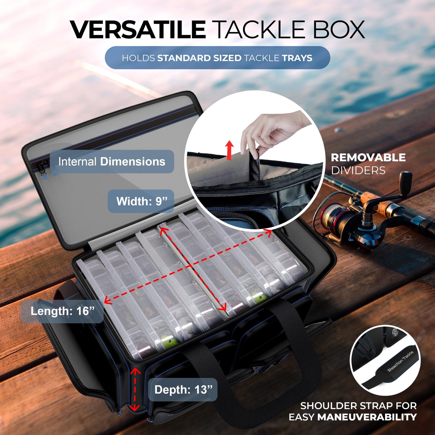 Reaction Tackle Fishing Tackle Bag – Salt Water Resistant Fishing Bag, 1000D PVC Waterproof Material, Tackle Box Organizer with Dividers for 3600 or 3700 Trays (Small, Medium, Backpack only fit 3600)