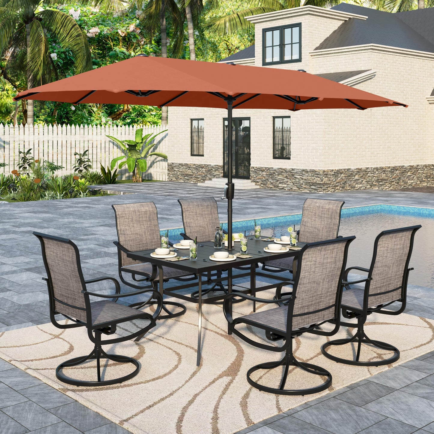 Sophia & William Patio Set with Umbrella 8 Pieces Outdoor Dining Set for 6 with 13ft Double-Sided Patio Umbrella Beige, 6 x Swivel Patio Chairs, 1 Metal Table for Lawn Garden