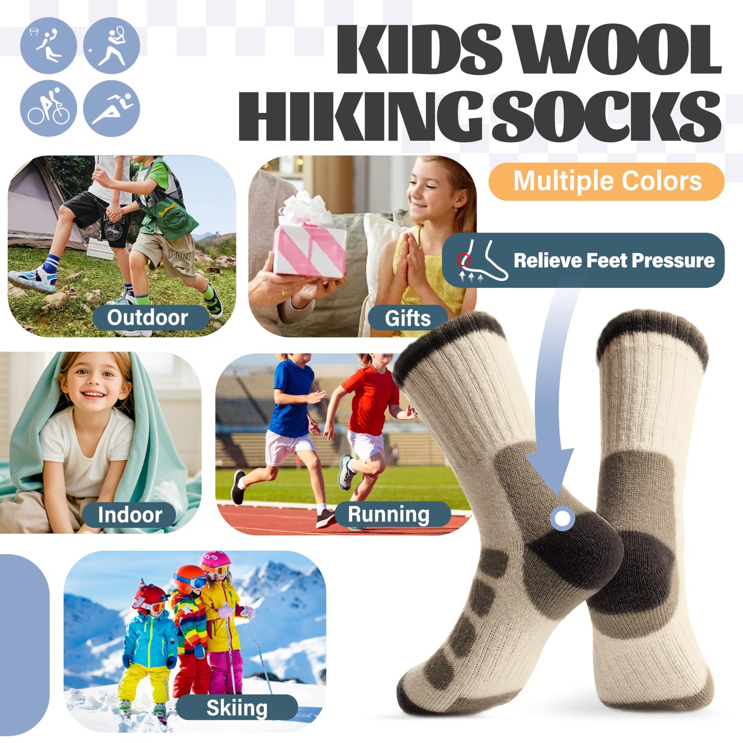 Anlisim Kids Merino Wool Hiking Socks Boys Girls Toddlers Thermal Winter Warm Boot Thick Cushion Gift Socks 6 Pairs
