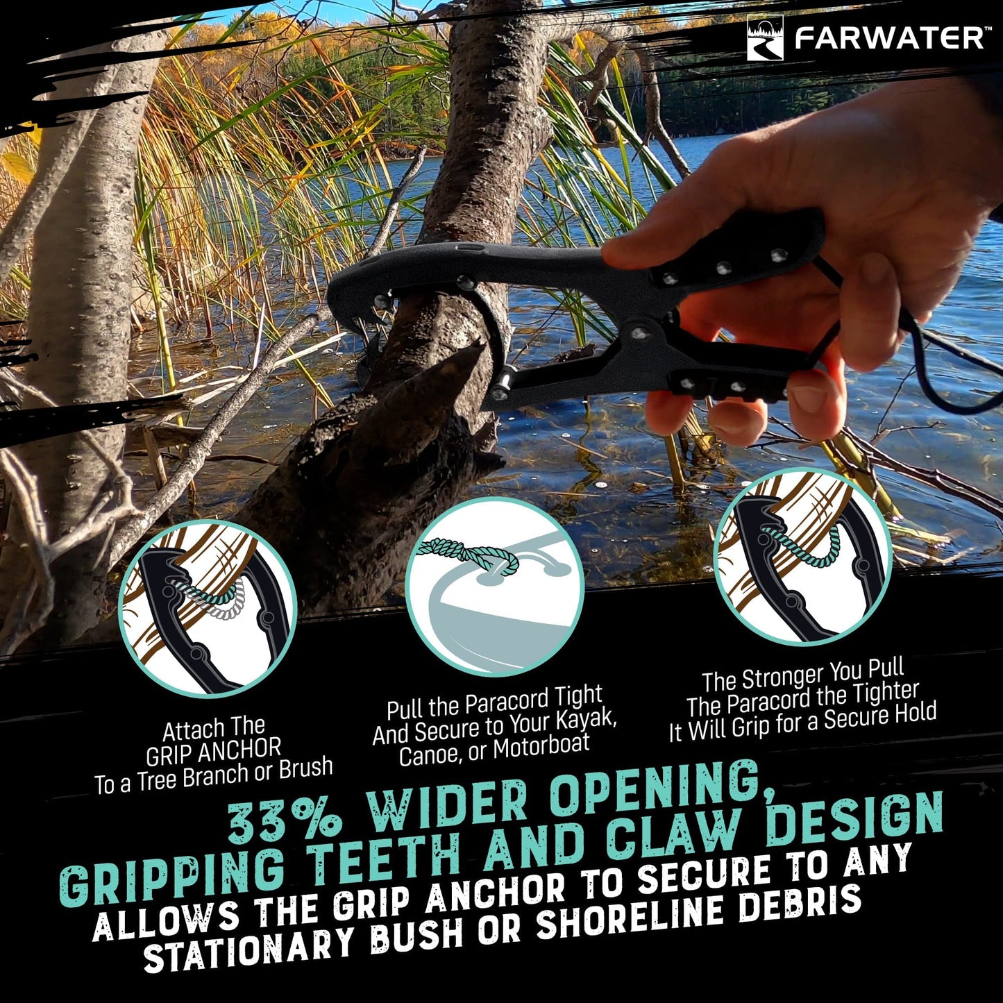 Canoe Anchor Grip - Boat, Float Tube & Kayak Fishing Accessories, Kayaking Equipment - Brush Clamp Anchor with Teeth - Gripper with 15ft Paracord - Rubber Grips - Coated Steel -