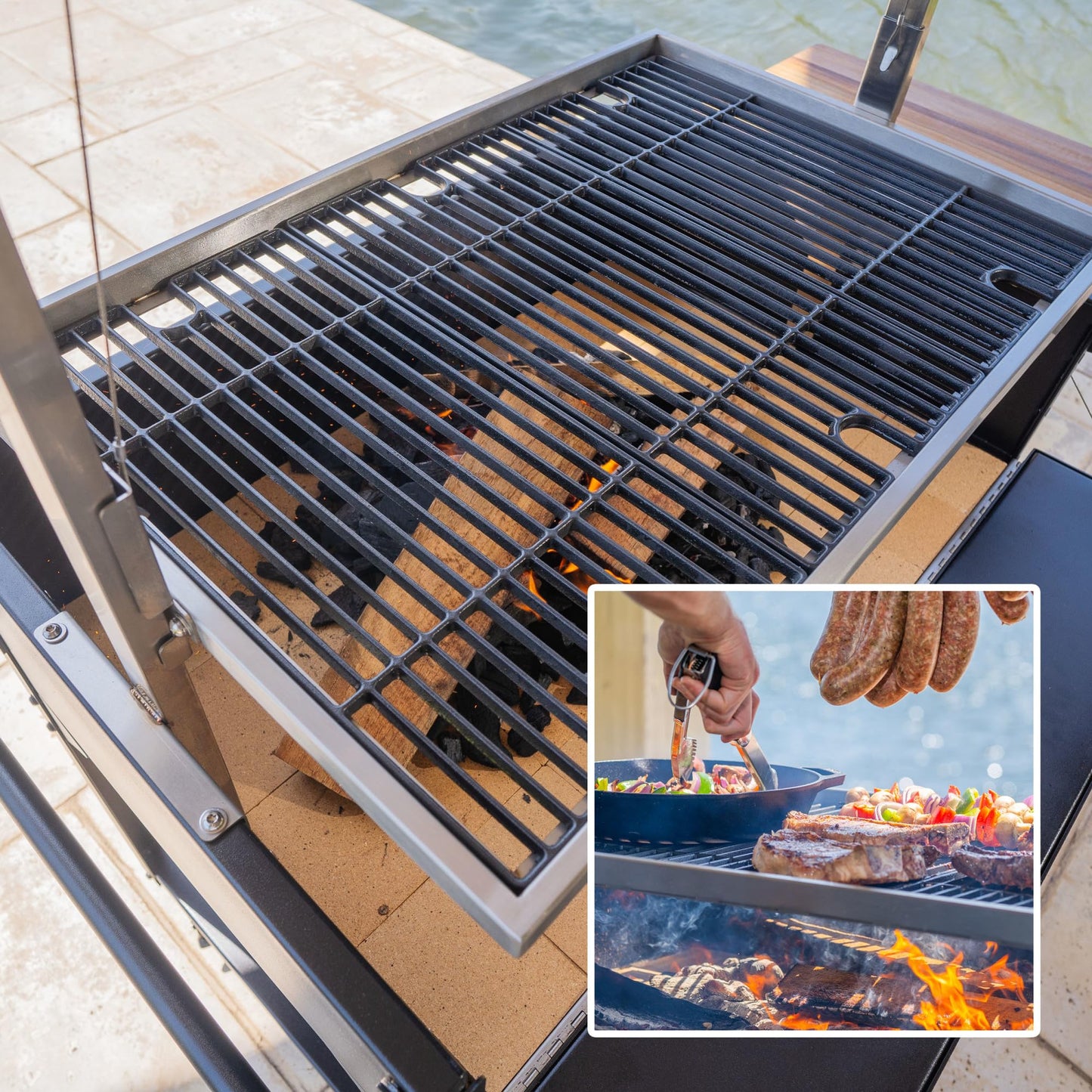 Backyard Discovery Argentine Santa Maria Wood Fire & Charcoal BBQ Grill with Brasero, Adjustable Grill Grates, Fire Bricks, Heavy-Duty Steel, S-Hooks, Acacia Wood Table for Outdoor Gaucho Grilling