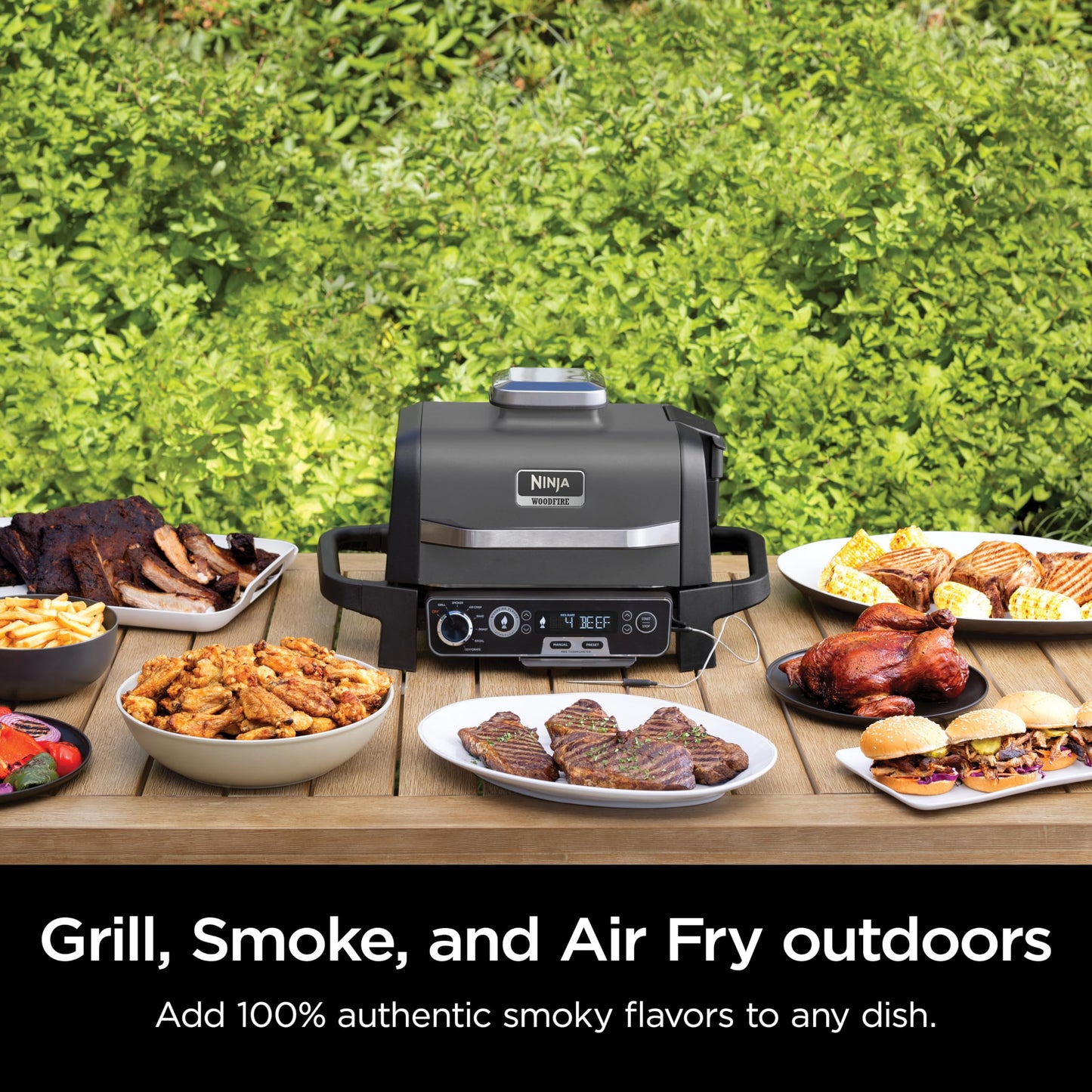 Ninja | Woodfire Series | 7-in-1 (Grill, BBQ, Roast, Air Fry, Dehydrate, Broil, Smoke) | Portable & Weather Resistant | Cook Up To 6 Steaks & 30 Hot Dogs | Woodfire Pellets included | OG701