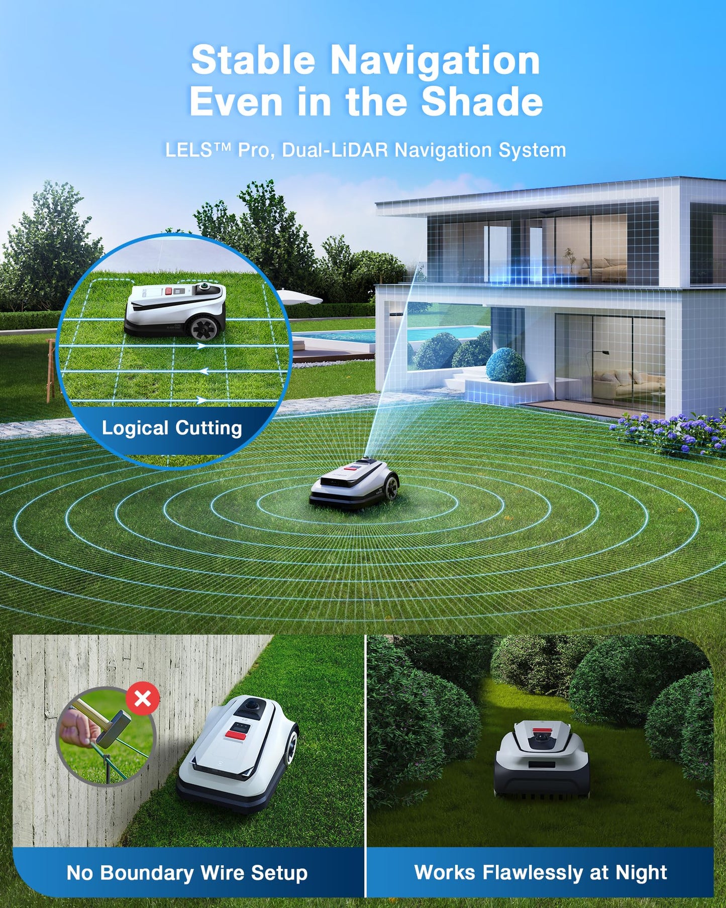 ECOVACS Goat A2500 RTK Robot Lawn Mower, Lidar-Enhanced RTK+Vision Navigation, Auto-Mapping, Dual Blades, Edge Precision Mowing, Perimeter Wire-Free, Suitable for 5/8 Acres Lawn, 50% Slope Capability