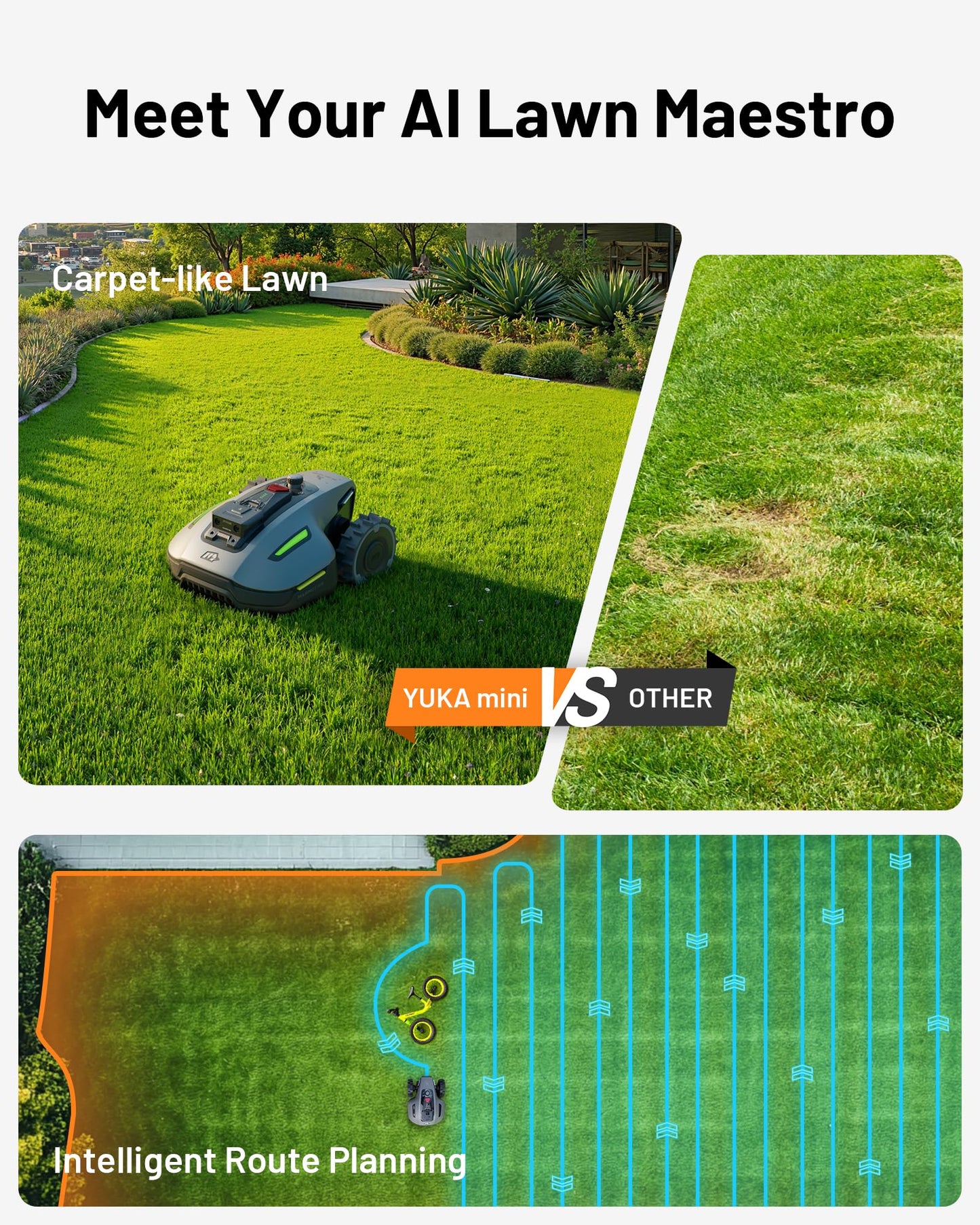 YUKA Mini 500H Robotic Lawn Mower Reception 0.12 Acre, Ultrasense AI Vision+ RTK Positioning, Auto Mapping, App Control, 50% Slope, Cutting Height 2''~3.5'', 15 Mowing Zones