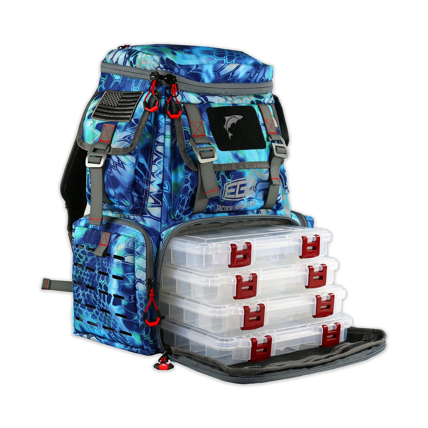 EGO Kryptek Tactical Tackle Box Backpack, Durable Fishing Tool Bag, 1000D Nylon Fabric with PVC Back, Water-Resistant, Multiple Storage Pockets, Laser-Cut Molle Loops, Includes 4 Tackle Trays