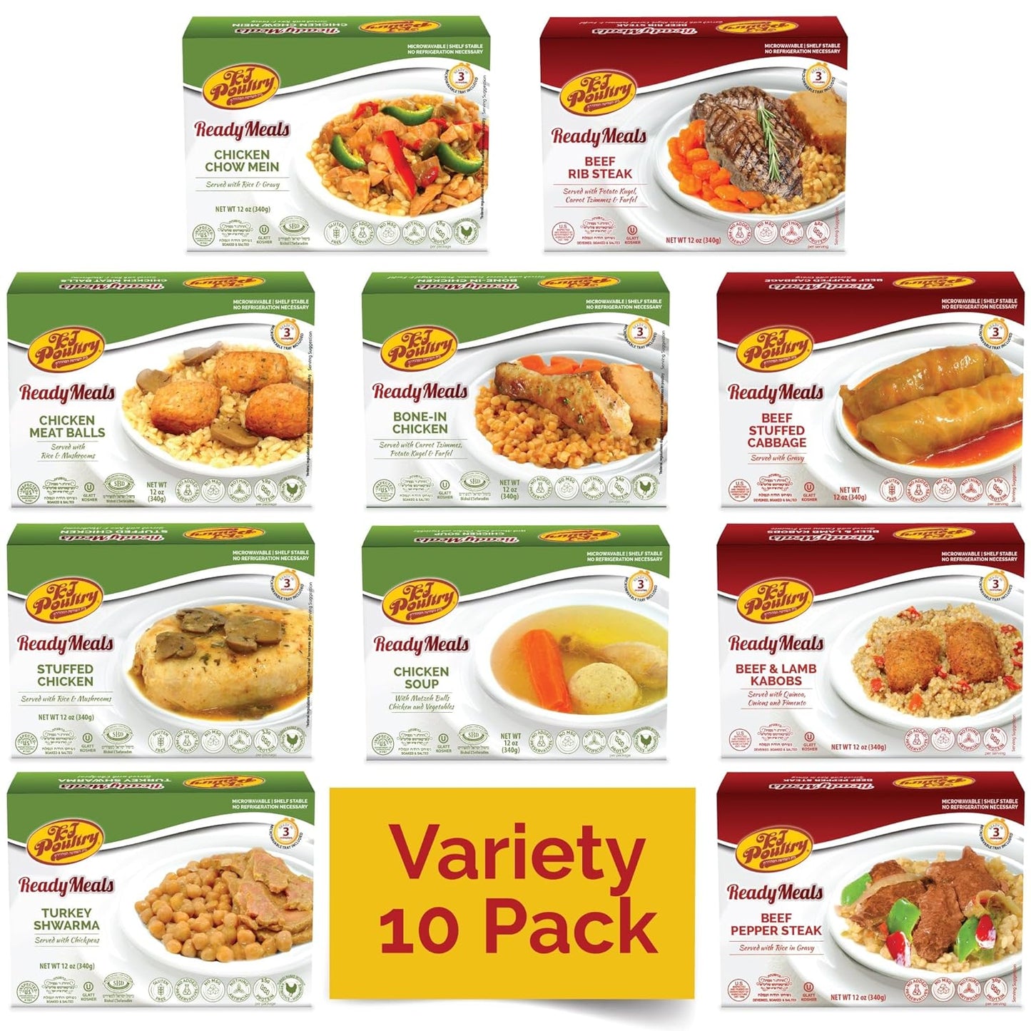 KJ Poultry Kosher Ready Meals - (10 Pack Variety - Beef, Chicken & Turkey) Prepared Entree Fully Cooked, Shelf Stable Microwave Dinner Travel Military Camping Emergency Survival Protein