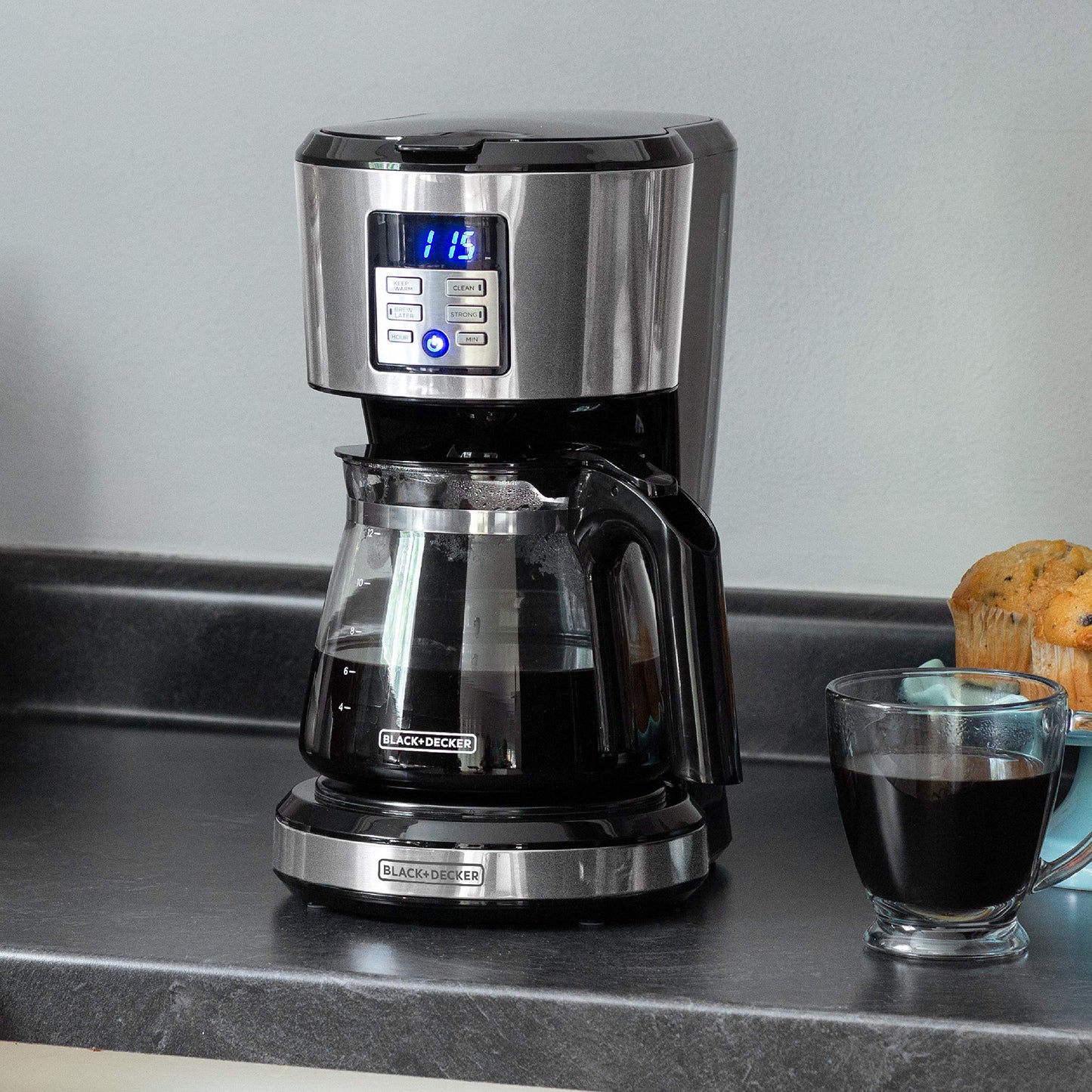 BLACK+DECKER 12-Cup Coffee Maker with Easy On/Off Switch, Easy Pour, Non-Drip Carafe with Removable Filter Basket, Vortex Technology, Black