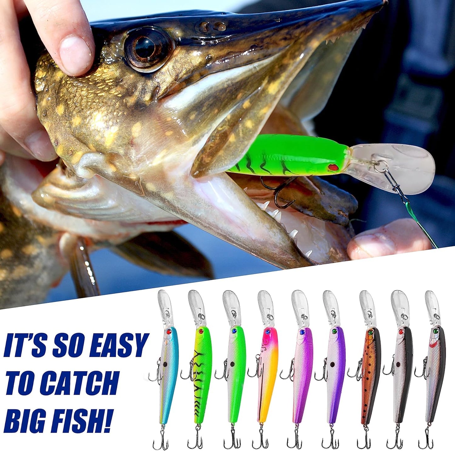 Minnow Fishing Lures Hard Baits, 10pcs Lifelike Swimbaits for Bass Fishing Diving Jerkbait Sinking Lures with Treble Hooks for Walleye Trout Catfish Redfish Pike Saltwater Freshwater
