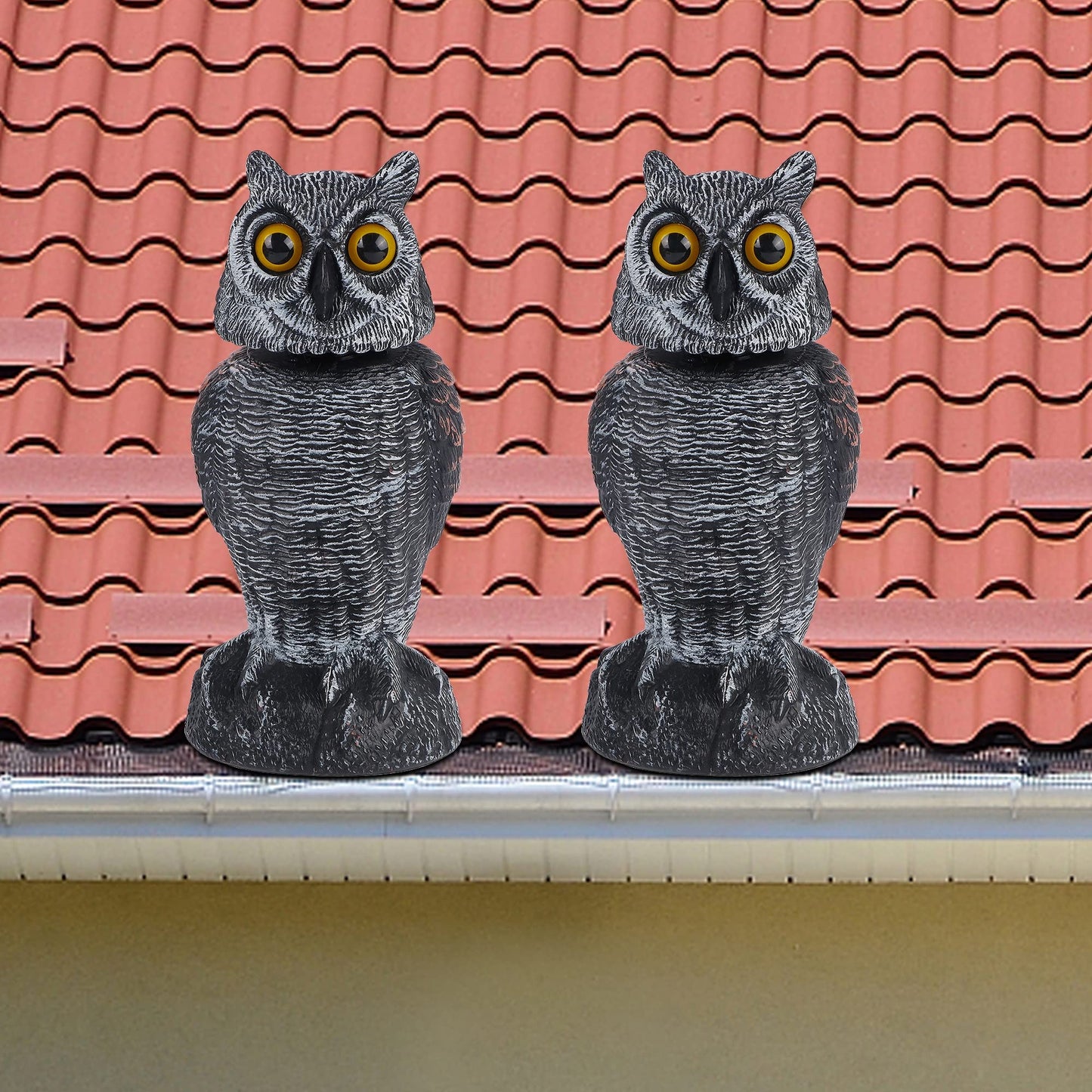 Hausse 2 Pack Bird Scarecrow Fake Owl Decoy Sculpture, Rotating Head Plastic Owl Bird Deterrents, 10.6 Inch Height Nature Enemy Horned Pest Repellent for Outdoor Garden Yard