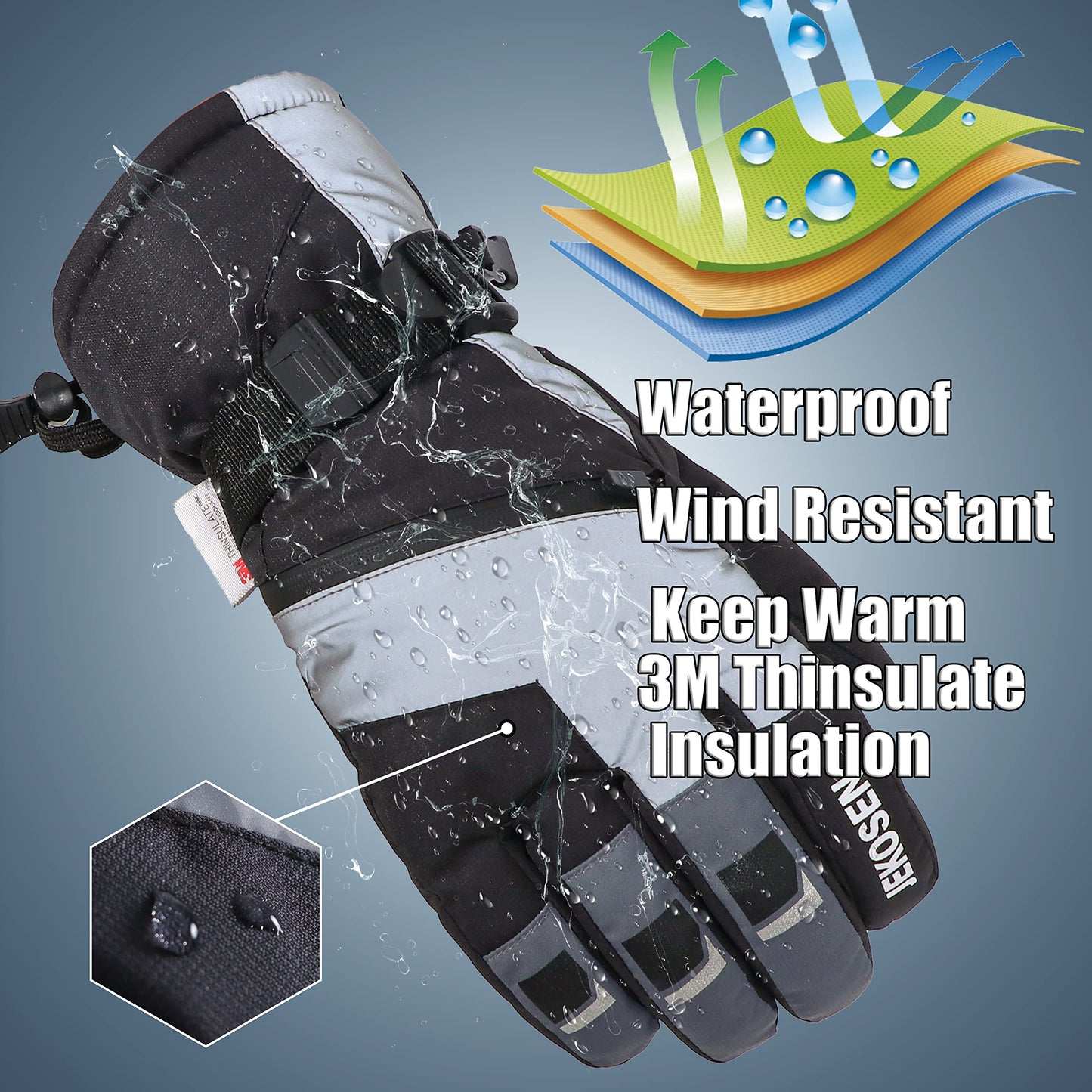JEKOSEN Ski Gloves Women Mens Waterproof Touchscreen Snowboard Gloves Snow Cold Weather Winter Keep Warm Gloves with Anti-Lost Wrist Leashe White Medium