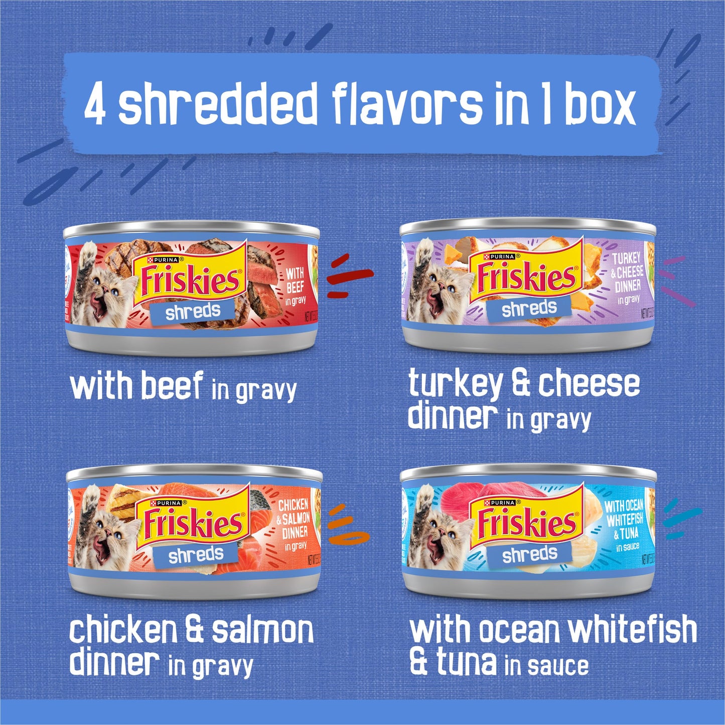 Purina Friskies Wet Cat Food Variety Pack, Shreds With Beef, Turkey and Cheese Dinner, Chicken and Salmon Dinner, and With Ocean Whitefish and Tuna - (Pack of 40) 5.5 oz. Cans