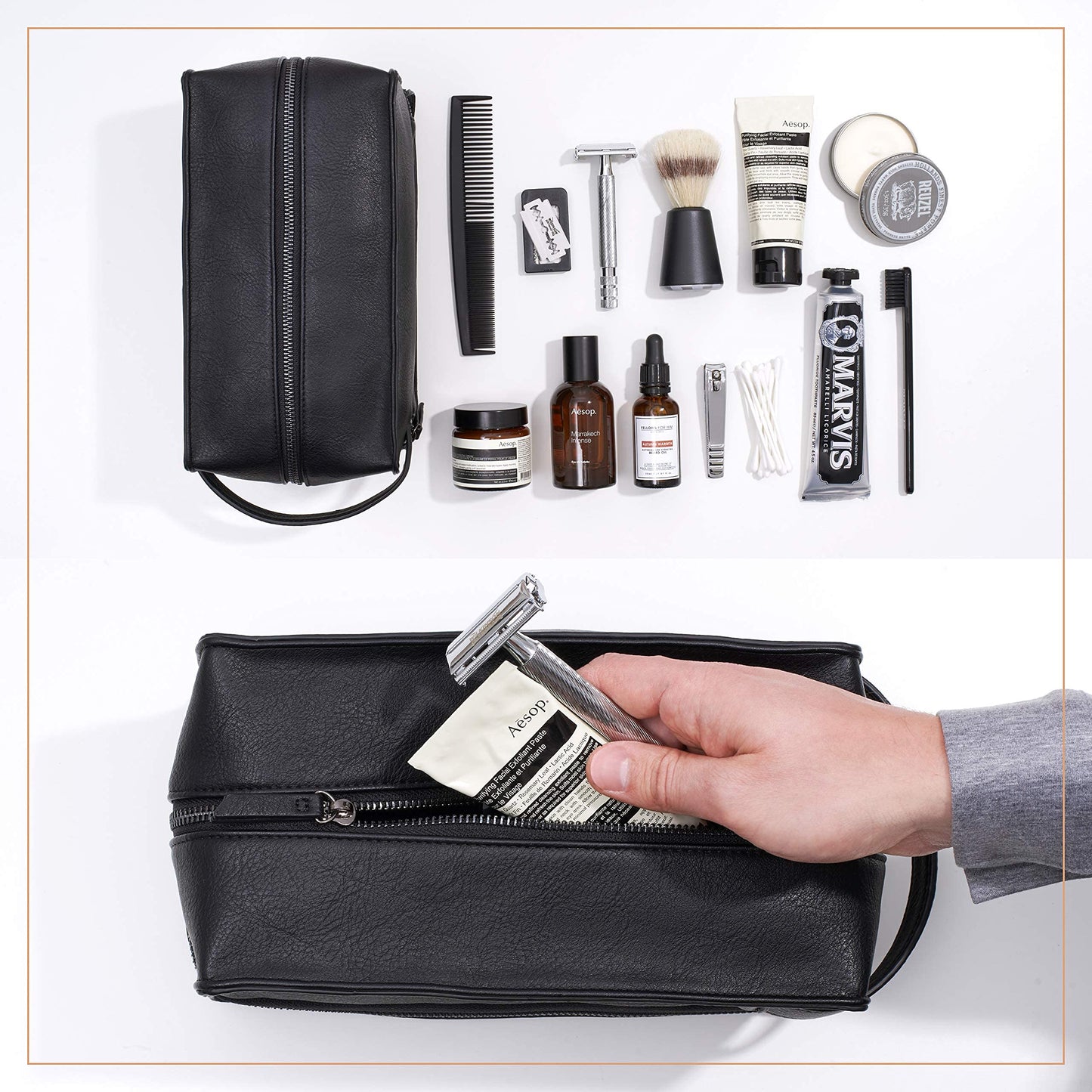 MAKE LIFE EXCLUSIVE Mens Leather Toiletry Bag – Travel Dopp Kit, Shaving Bag, Grooming & Hygiene Organizer, Leather Toiletry Bag for Men, Gift for Him