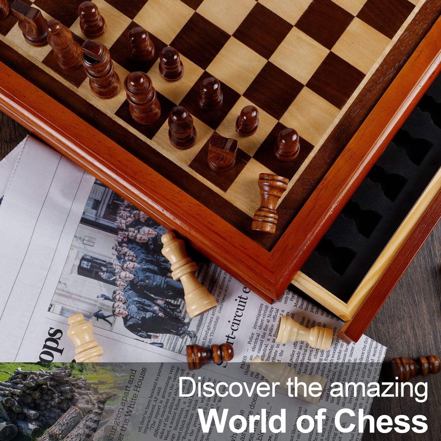 Juegoal 12-Inch Wooden Chess & Checkers Set with Storage Drawer, Portable Board Games for Kids and Adults