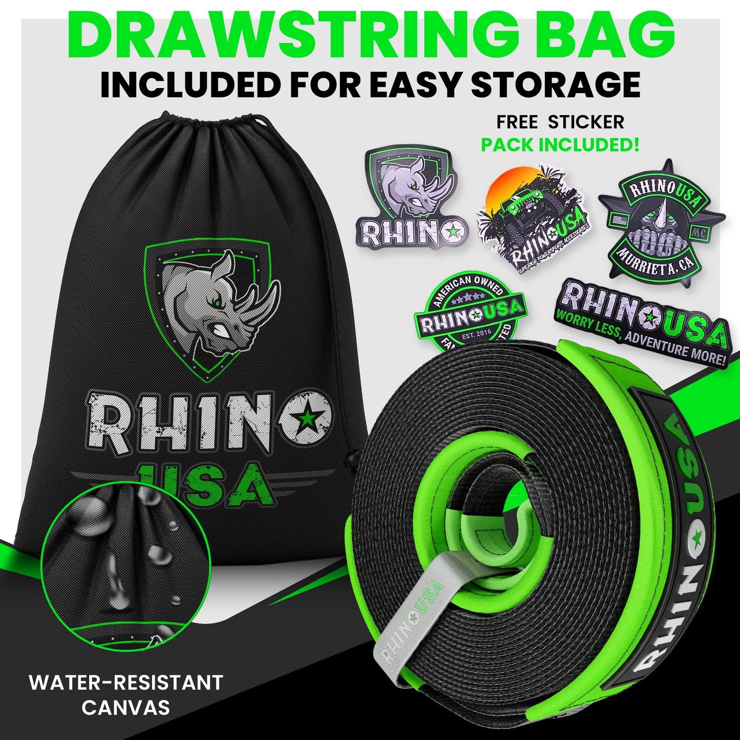 Rhino USA Recovery Tow Strap (3" x 20') - 31,518lb Break Strength - Emergency Recovery Strap Tow Rope for Truck, UTV, ATV & More - Heavy Duty Towing Strap for Offroad 4x4 Use - Compatible with Jeep