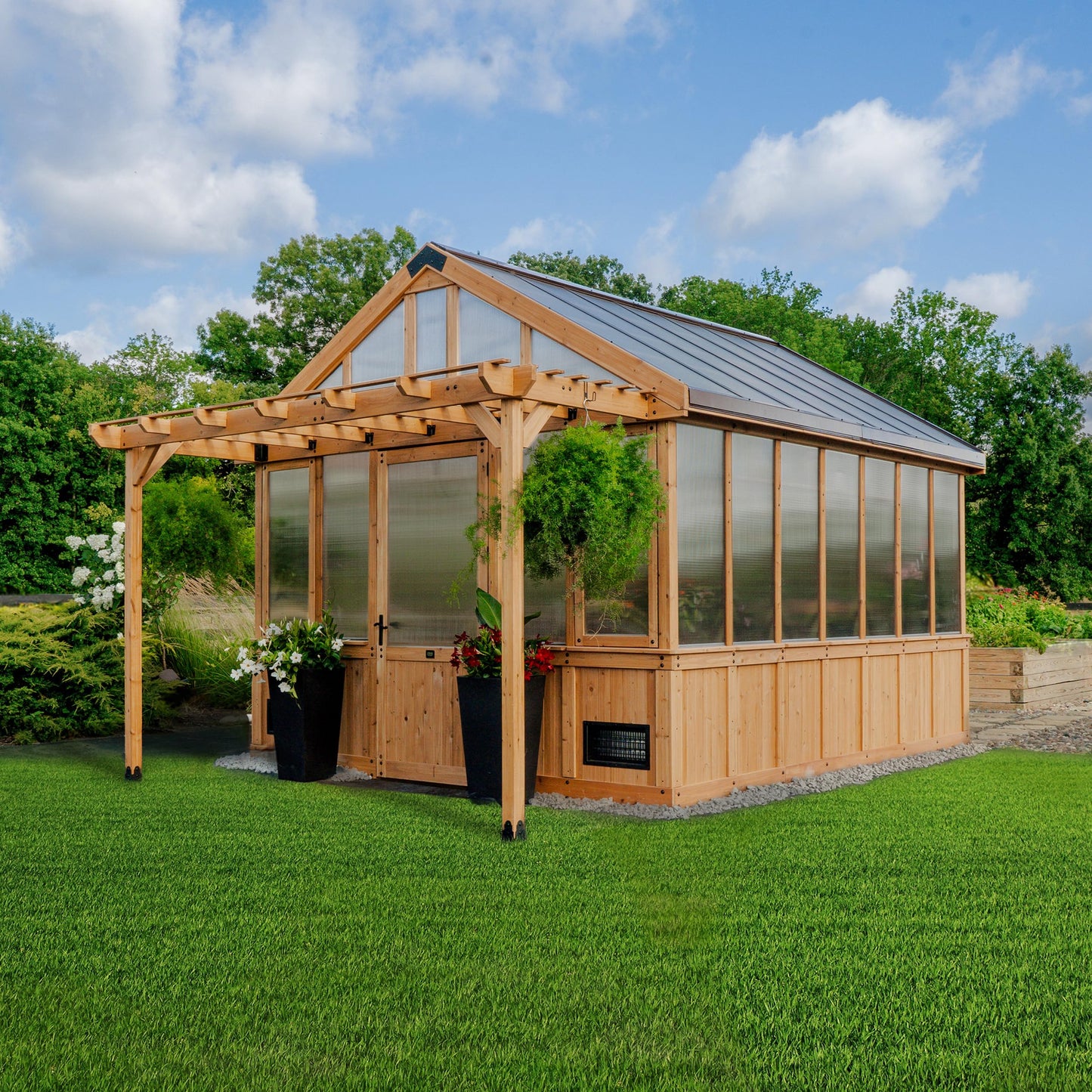 Backyard Discovery Bellerose XL 13' x 11' Cedar Wood and Polycarbonate Walk-in Greenhouse Kit with Pergola, Exhaust Fan, Windows, Hose Hook-Ups, PowerPort, Staging Shelves for Outdoor Gardening