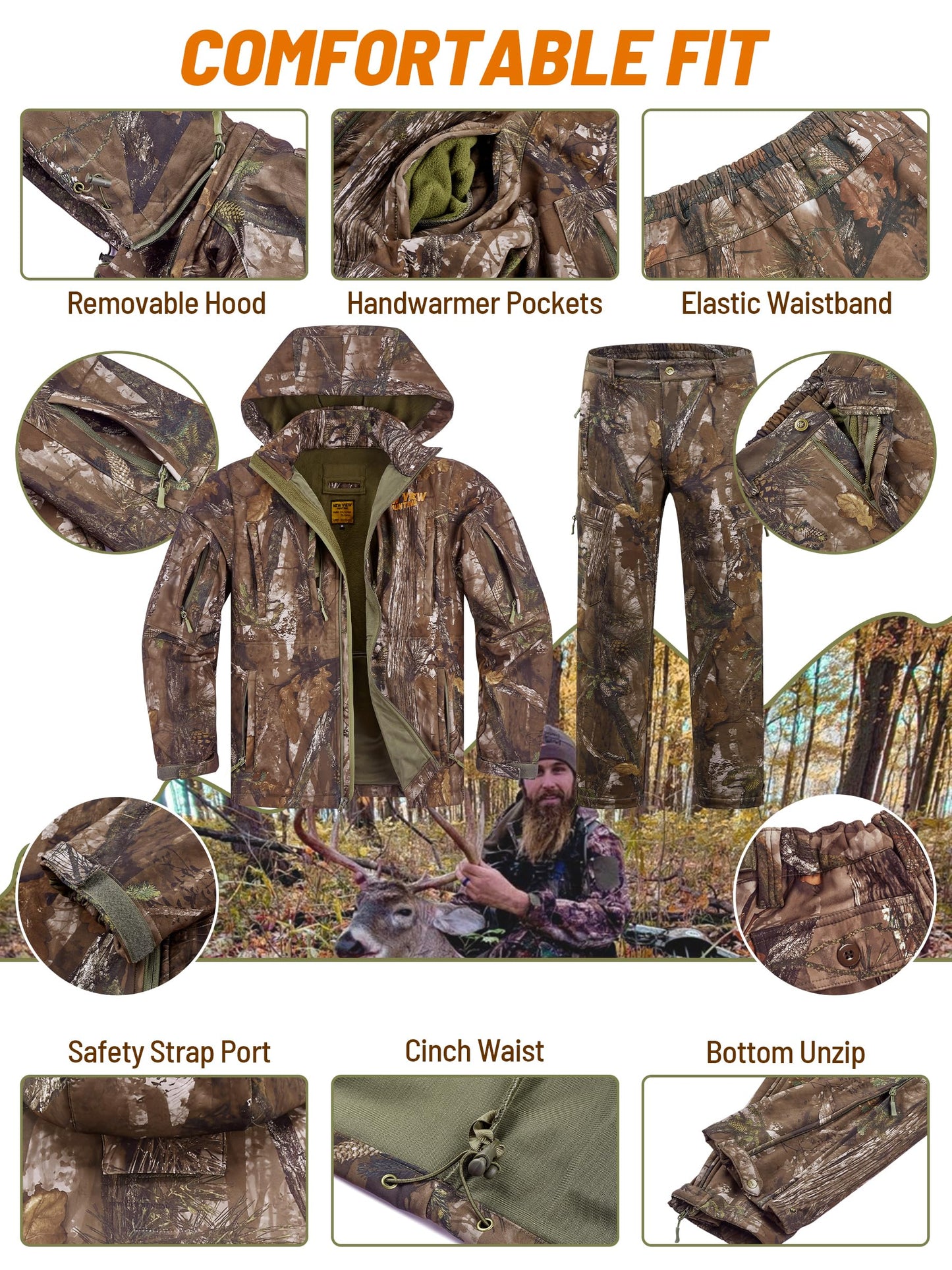 NEW VIEW Camo Clothes for Men, Winter Warm Hunting Jacket and Pants, Fleece Lined Suit for Deer Duck Bow Hunts