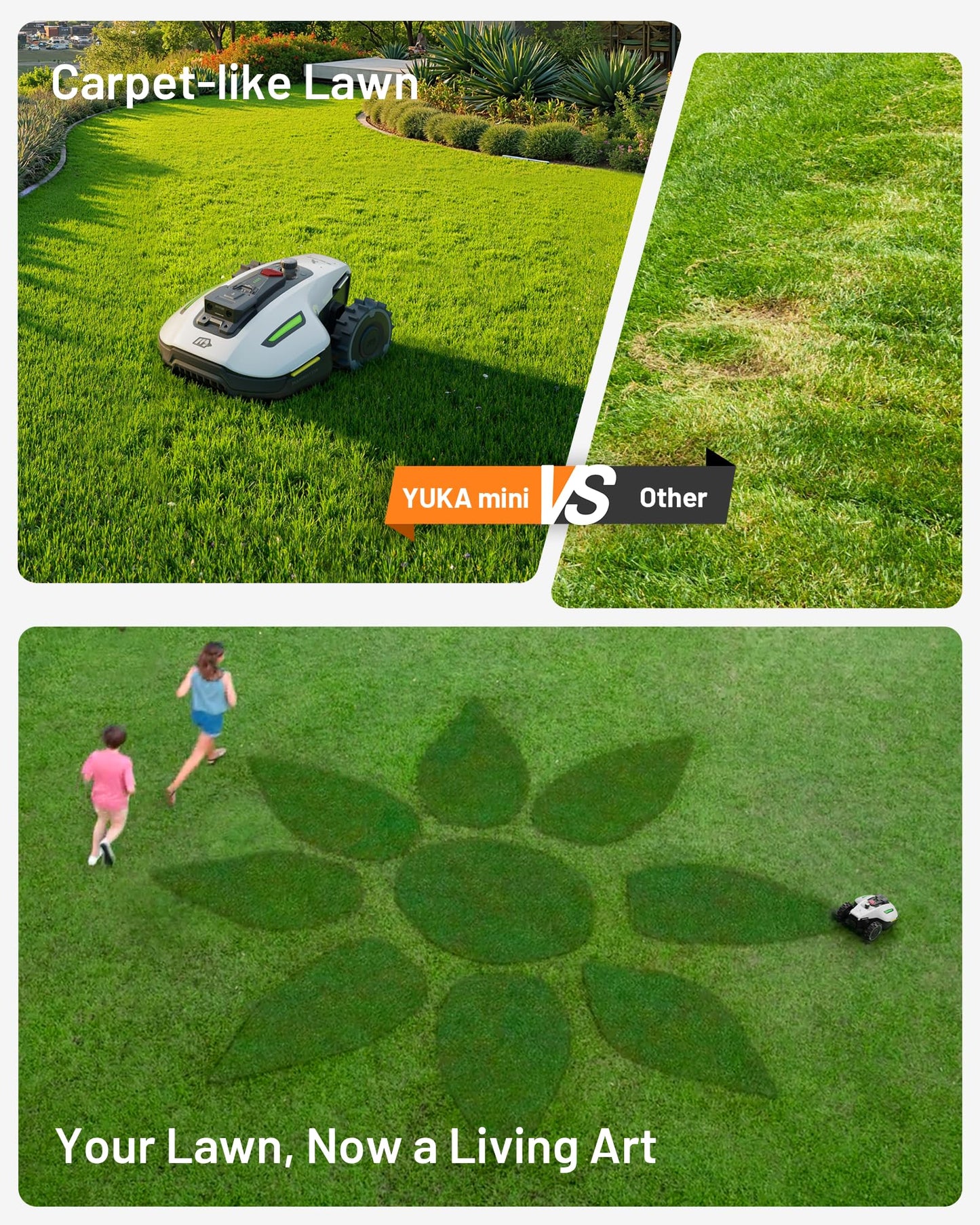 YUKA Mini 500H Robotic Lawn Mower Reception 0.12 Acre, Ultrasense AI Vision+ RTK Positioning, Auto Mapping, App Control, 50% Slope, Cutting Height 2''~3.5'', 15 Mowing Zones