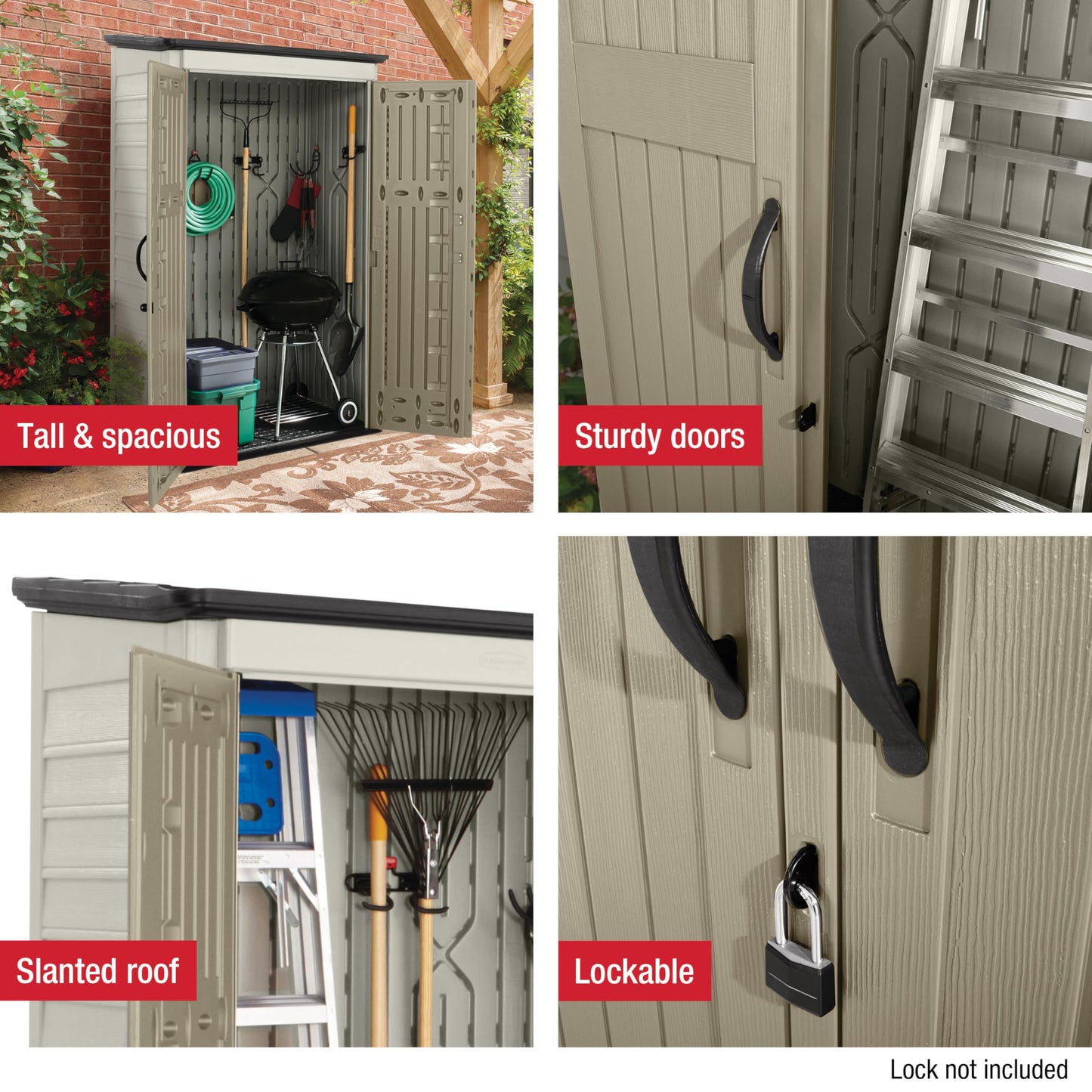 Rubbermaid Vertical Resin Outdoor Storage Shed With Floor (4 x 2.5 Ft) Weather Resistant Brown Organization for Home/Backyard/Garden Tools/Porch/Patio Cushions/Pool Chemicals/Toys