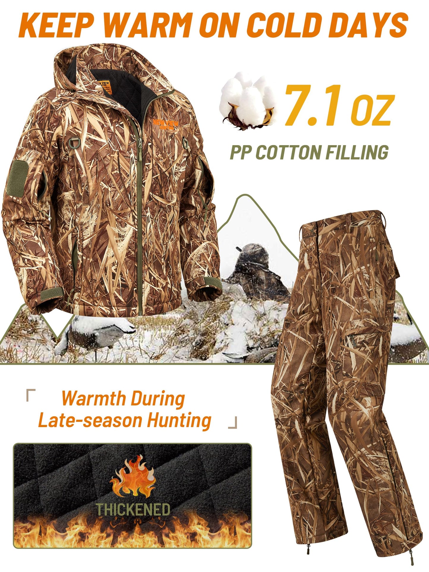 NEW VIEW Insulated Hunting Clothes for Men Cold Weather, Warm Camo Hunting Jacket and Pants, Hunting Suit for Deer Duck Hunts