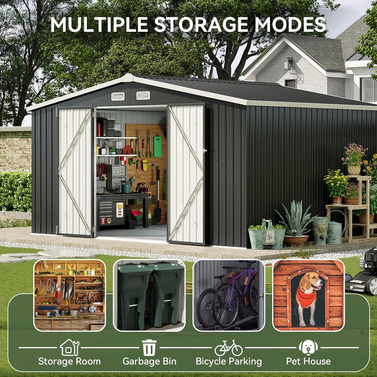 Aoxun 12x10 FT Shed Metal Outdoor Waterproof Storage Shed Steel Utility Garden Tool Shed with Door & Lock Outdoor Storage for Garden Patio Lawn Poolside, Brown