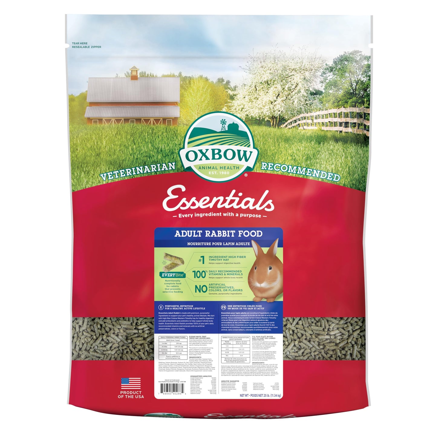 Oxbow Essentials Rabbit Food, Adult, Made with Oxbow Timothy Hay for Rabbit, Pet Pellets with Vitamins & Minerals, Small Animal Pet Products, Bunny Food, Made in USA, High Fiber, 10 lb. bag