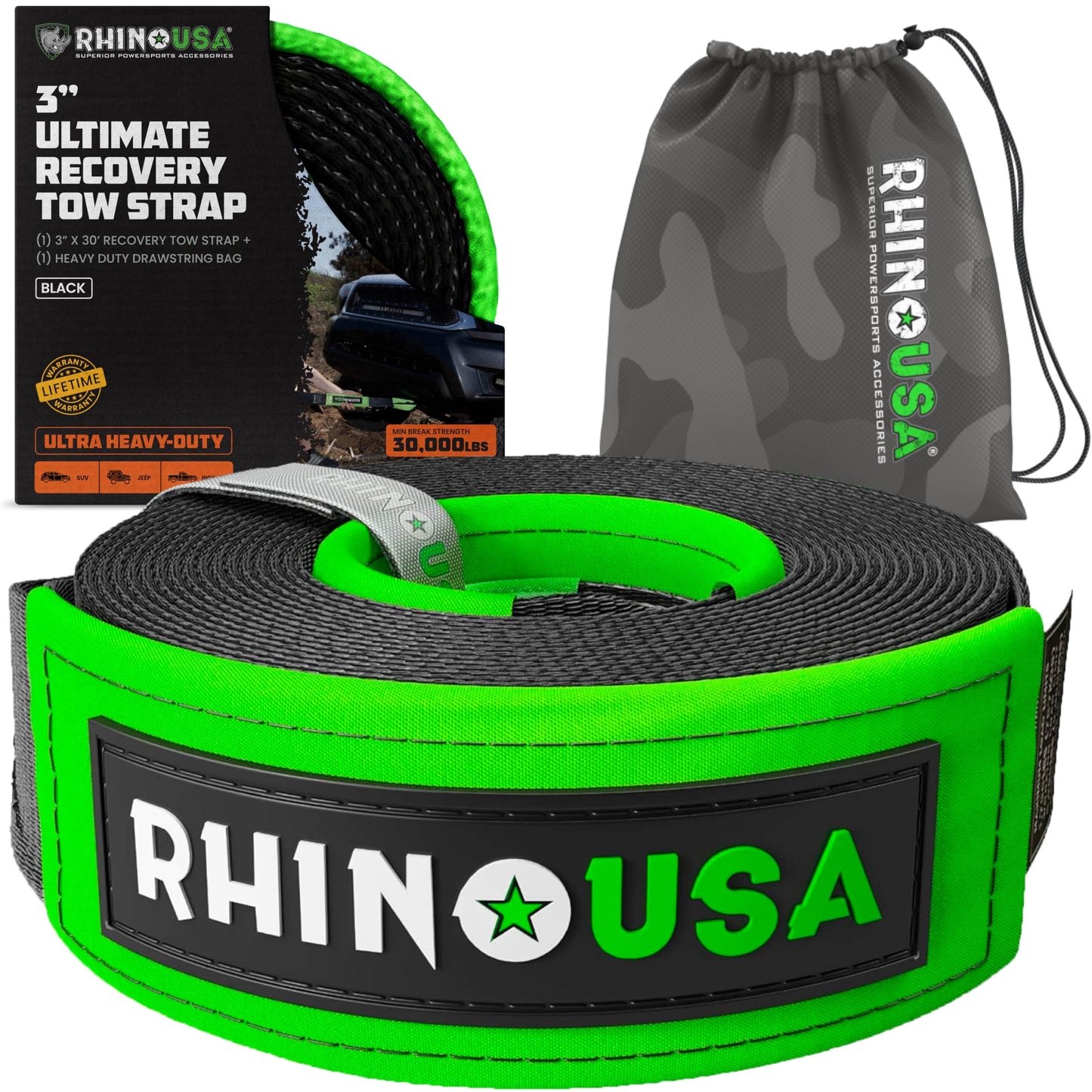 Rhino USA Recovery Tow Strap (3" x 20') - 31,518lb Break Strength - Emergency Recovery Strap Tow Rope for Truck, UTV, ATV & More - Heavy Duty Towing Strap for Offroad 4x4 Use - Compatible with Jeep
