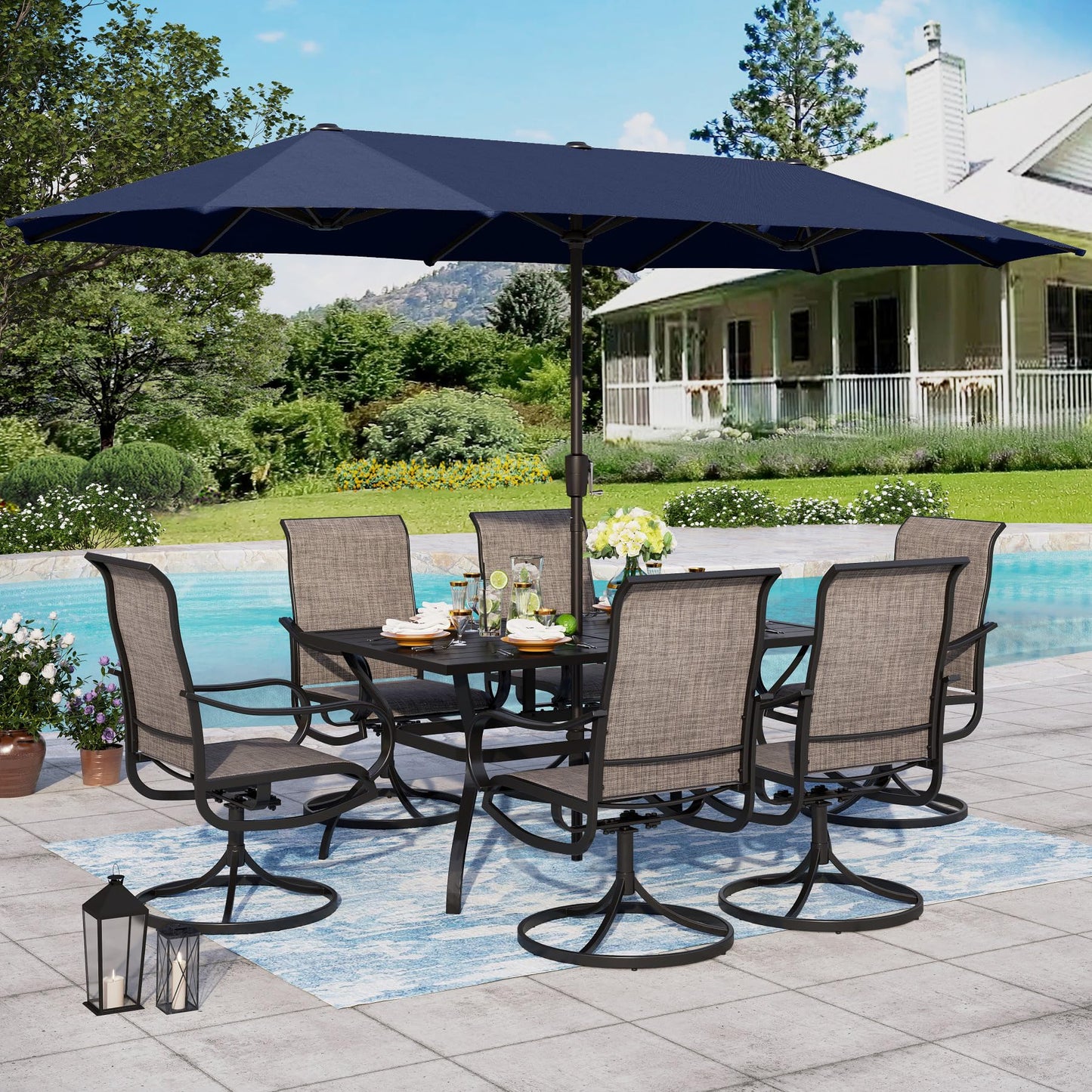 Sophia & William Patio Set with Umbrella 8 Pieces Outdoor Dining Set for 6 with 13ft Double-Sided Patio Umbrella Beige, 6 x Swivel Patio Chairs, 1 Metal Table for Lawn Garden