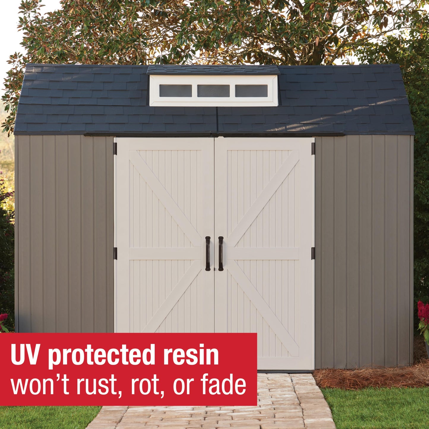 Rubbermaid Extra Large Resin Outdoor Storage Shed With Floor (7 x 10 Ft.), Weather Resistant, Brown, Organization for Home/Lawn Mower/Backyard Equipment/Bike Storage/Pool Supplies