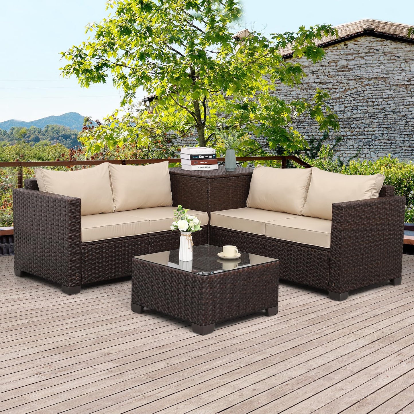 Outdoor PE Wicker Patio Furniture Set 4 Piece Black Rattan Sectional Loveseat Couch Set Conversation Sofa with Storage Box Glass Top Table and Non-Slip Grey Cushion