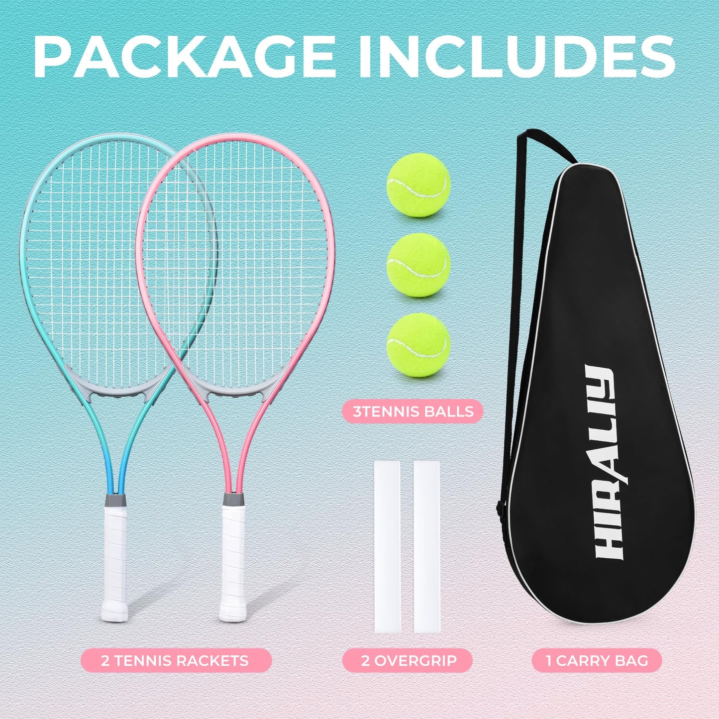 HIRALIY 27" Tennis Rackets Set for Adults, 2 Player Pre-Strung Tennis Racquets, 2 Overgrip Tapes,3 Balls, and 1 Carrying Bag, Outdoor Recreational Sport for Beginner (Pink/Green)