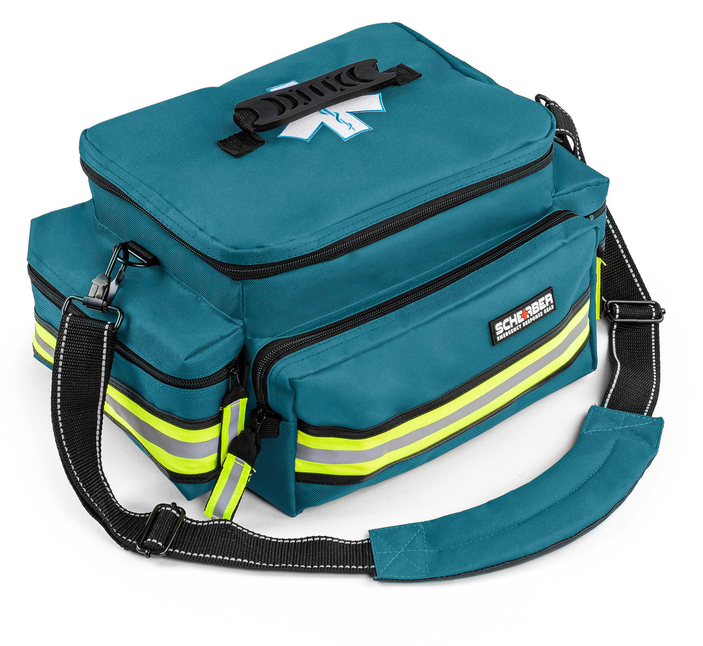 Scherber First Responder Fully-Stocked Professional Essentials EMT/EMS Trauma Kit | HSA/FSA Approved | Reflective Bag w/8 Zippered Pockets & Compartments & 200+ First Aid Supplies - Red