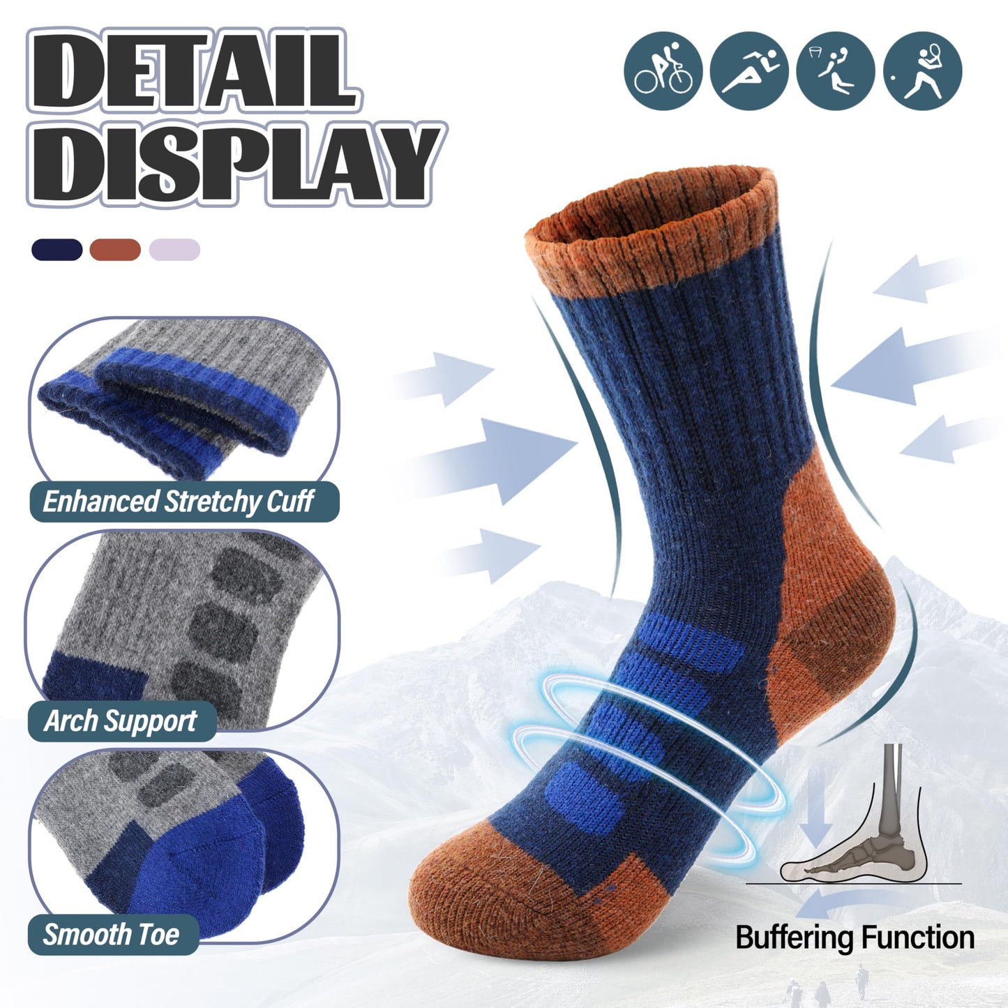 Anlisim Kids Merino Wool Hiking Socks Boys Girls Toddlers Thermal Winter Warm Boot Thick Cushion Gift Socks 6 Pairs