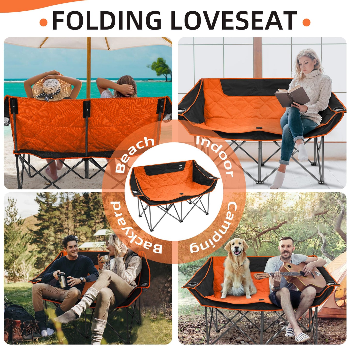Camping Chair, Oversized Loveseat Double 2 Person Outdoor Chair with Arms, Cup Holder and Carry Bag, Heavy-Duty Collapsible Chair for Outside,Black/Gray