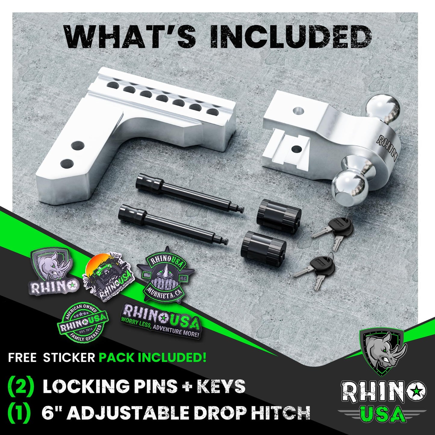 Rhino USA Adjustable Trailer Hitch (Fits 2-Inch Receiver) - Heavy Duty Aluminum Tow Hitches with 6-Inch Drop/Rise for Truck (12,500 LBS GTW) - Weatherproof Double Anti-Theft Locking Hitch Pins (Black)