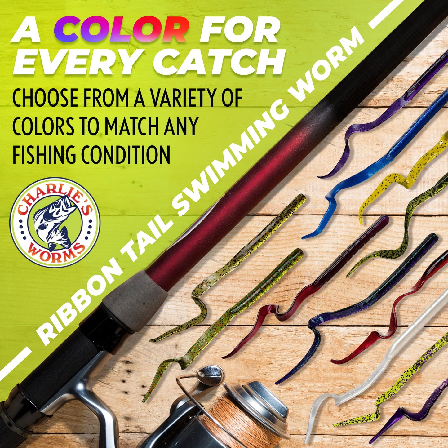 Charlie's Worms Artificial Fishing Bait 8" Ribbon Tail Swimming Worm, Freshwater Saltwater Bass Soft Lures Scented 10pk