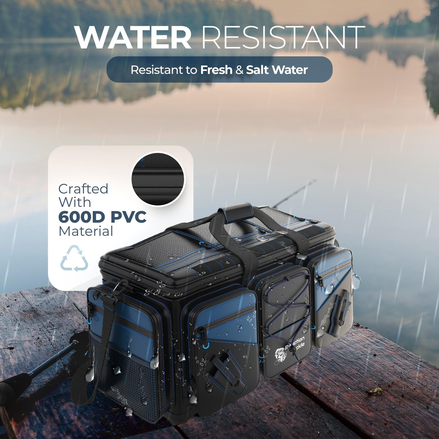 Reaction Tackle Fishing Tackle Bag – Salt Water Resistant Fishing Bag, 1000D PVC Waterproof Material, Tackle Box Organizer with Dividers for 3600 or 3700 Trays (Small, Medium, Backpack only fit 3600)