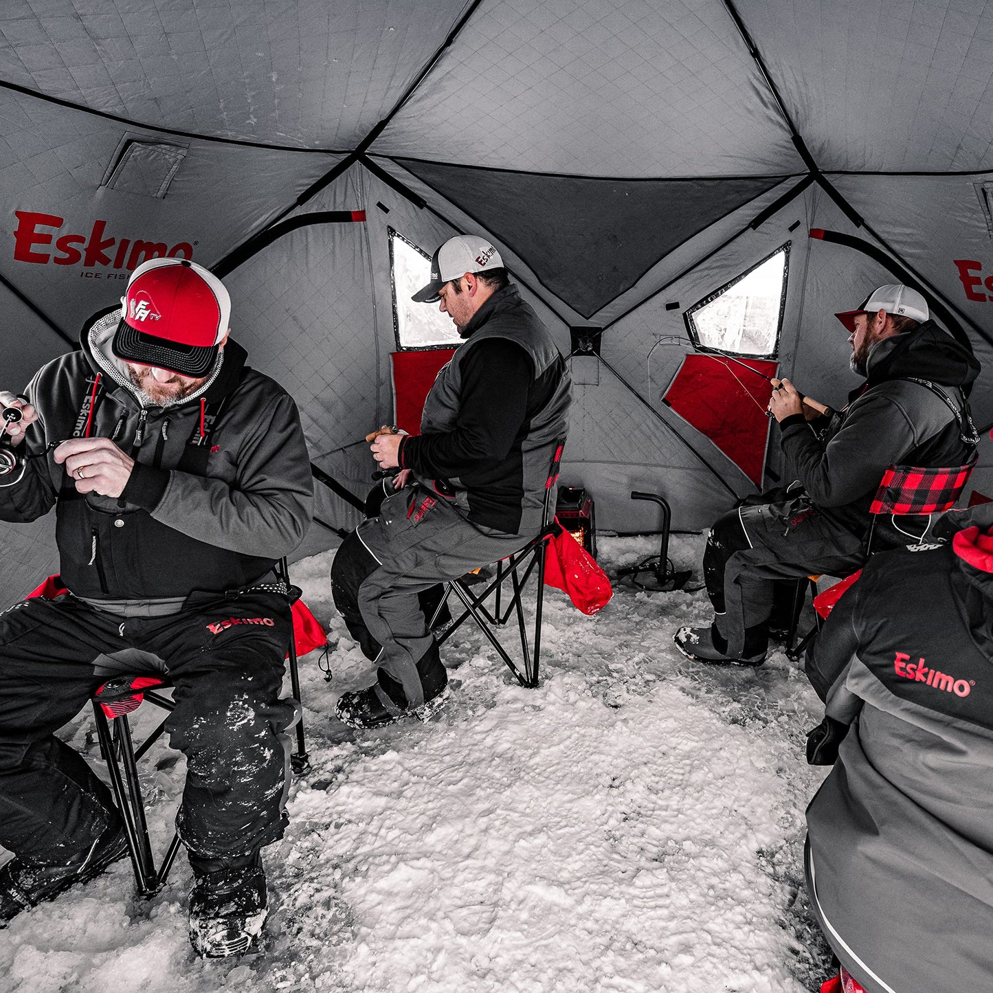 Eskimo Outbreak Portable Pop-Up Ice Fishing Shelter, Stormshield Insulated Fabric, No Trip Door, Durable Hub Design, Deluxe Tie Downs, Red/Black