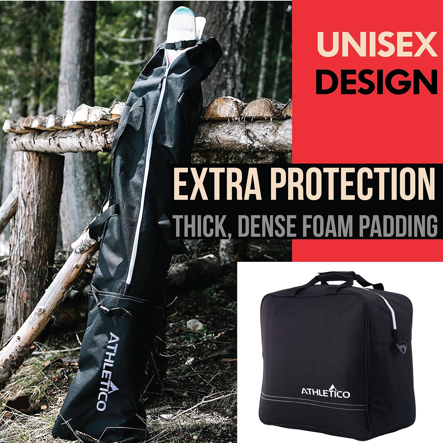 Athletico Padded Ski Bag Combo - Ski Bag & Separate Boot Bag - Store & Transport Skis Up to 200 CM and Boots Up To Size 13 - Padded to Protect All Your Ski Gear and Equipment for Travel (Black)