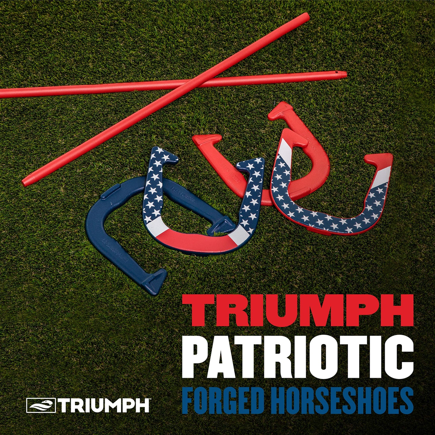 TRIUMPH SPORTS USA Patriotic Forged Horseshoe Set Complete with 4 Horseshoes, 2 Stakes and Hard Plastic Case with Locking Tabs for Transportation and Storage